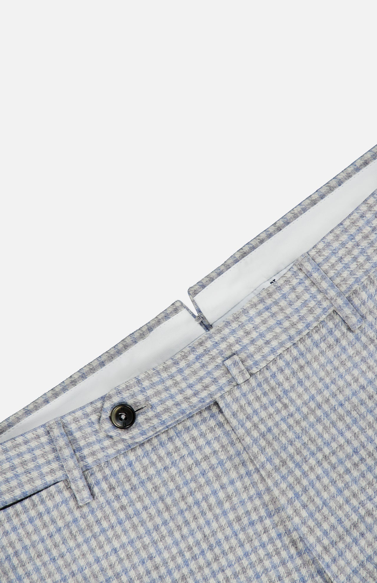 Close-up of the waistband of PT TORINO Wool Cashmere Flannel Trouser Pants in light blue and white houndstooth, with a black button closure and belt loops, set against a white background.