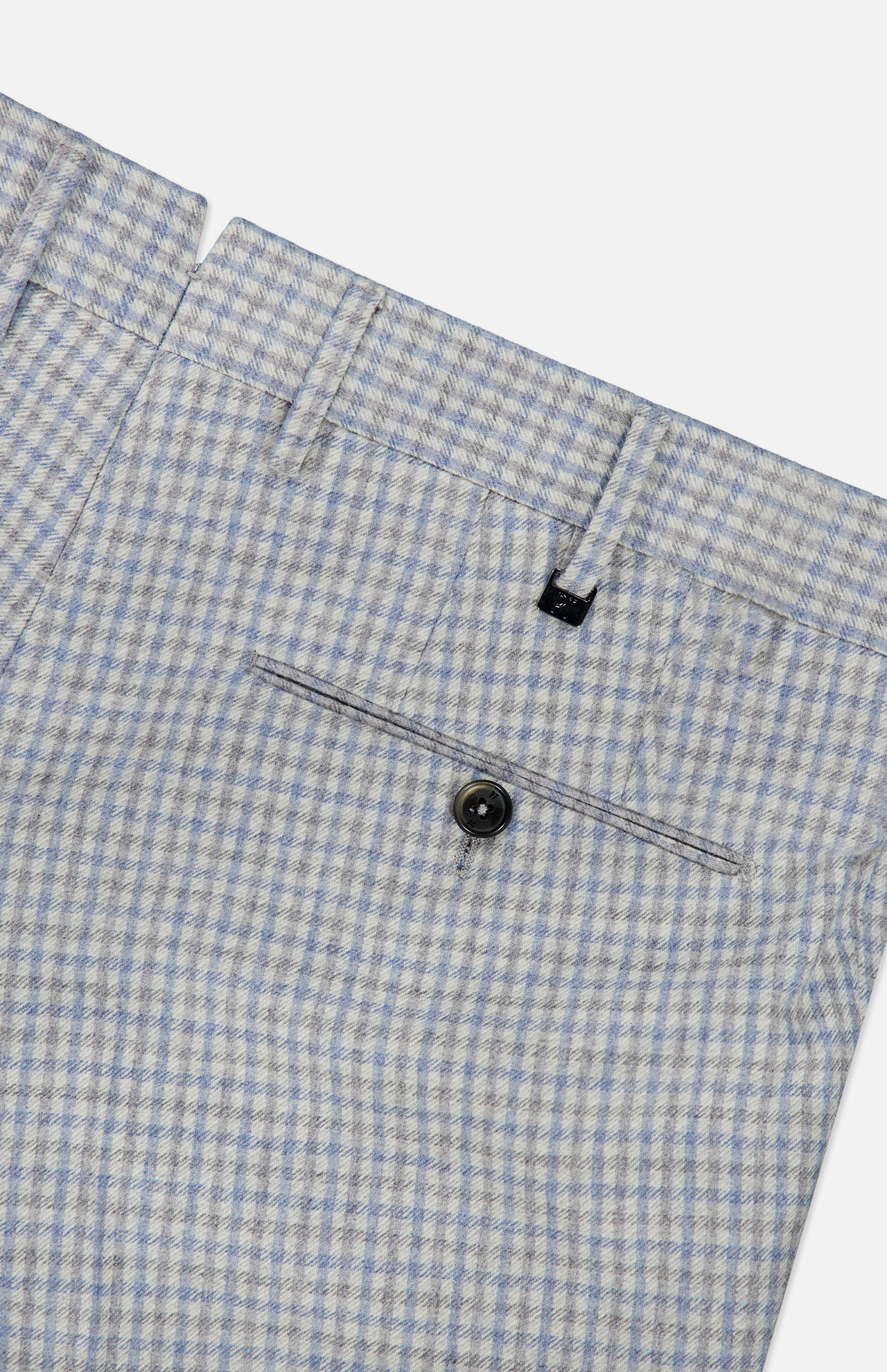 Close-up of PT TORINO Wool Cashmere Flannel Trouser Pants in light blue check, slim fit with rear pocket, black button, and belt loops against a white background.