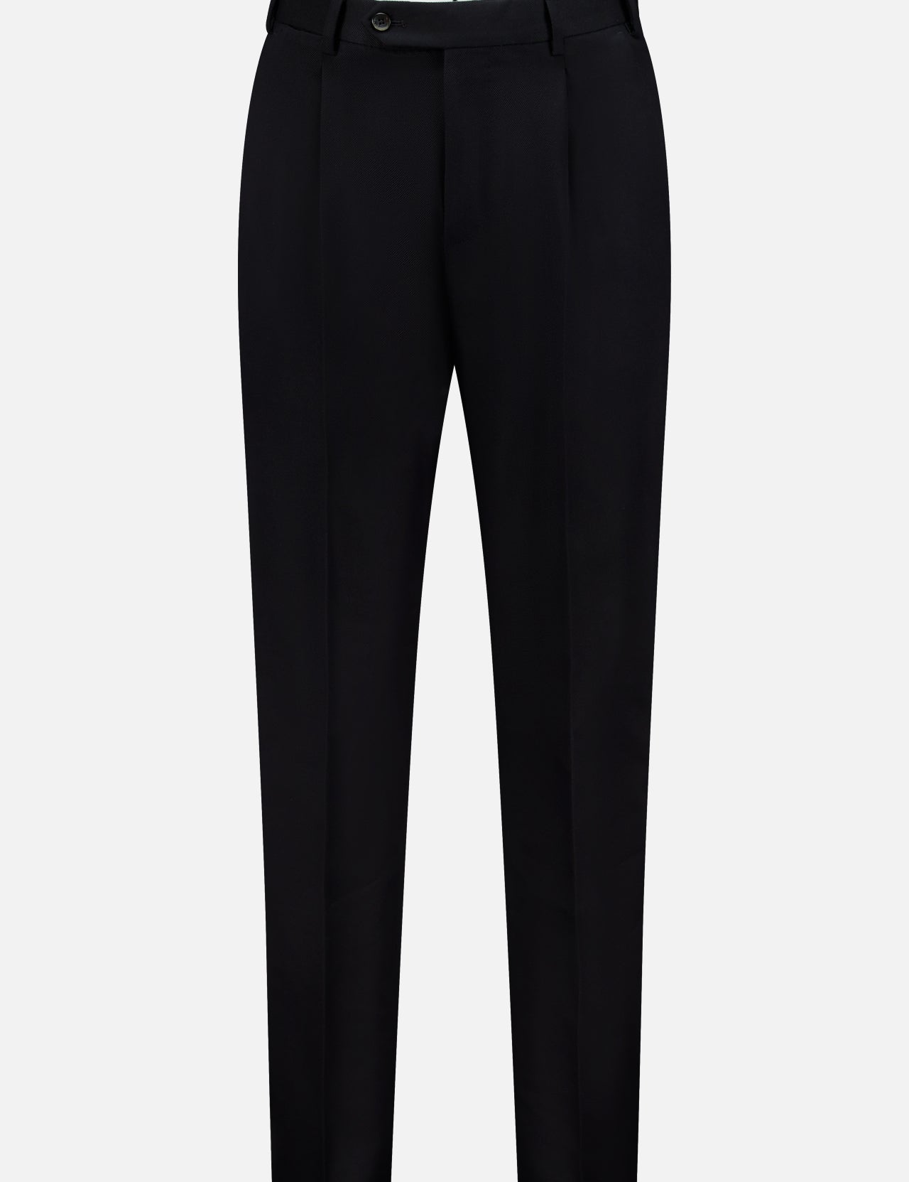 The PT TORINO Wool Cotton Soft Bull Trouser Pant showcases a slim fit in classic black, featuring a front button and zipper closure, belt loops, and convenient side pockets—ideal for professional attire. Shown against a plain white background.