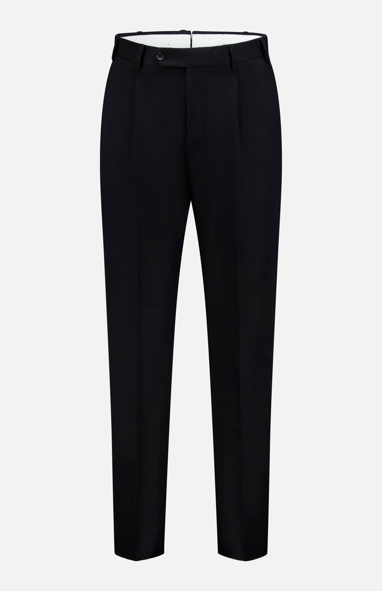 The PT TORINO Wool Cotton Soft Bull Trouser Pant showcases a slim fit in classic black, featuring a front button and zipper closure, belt loops, and convenient side pockets—ideal for professional attire. Shown against a plain white background.