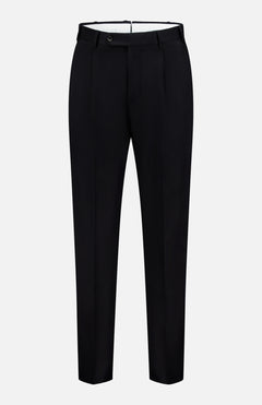 The PT TORINO Wool Cotton Soft Bull Trouser Pant showcases a slim fit in classic black, featuring a front button and zipper closure, belt loops, and convenient side pockets—ideal for professional attire. Shown against a plain white background.
