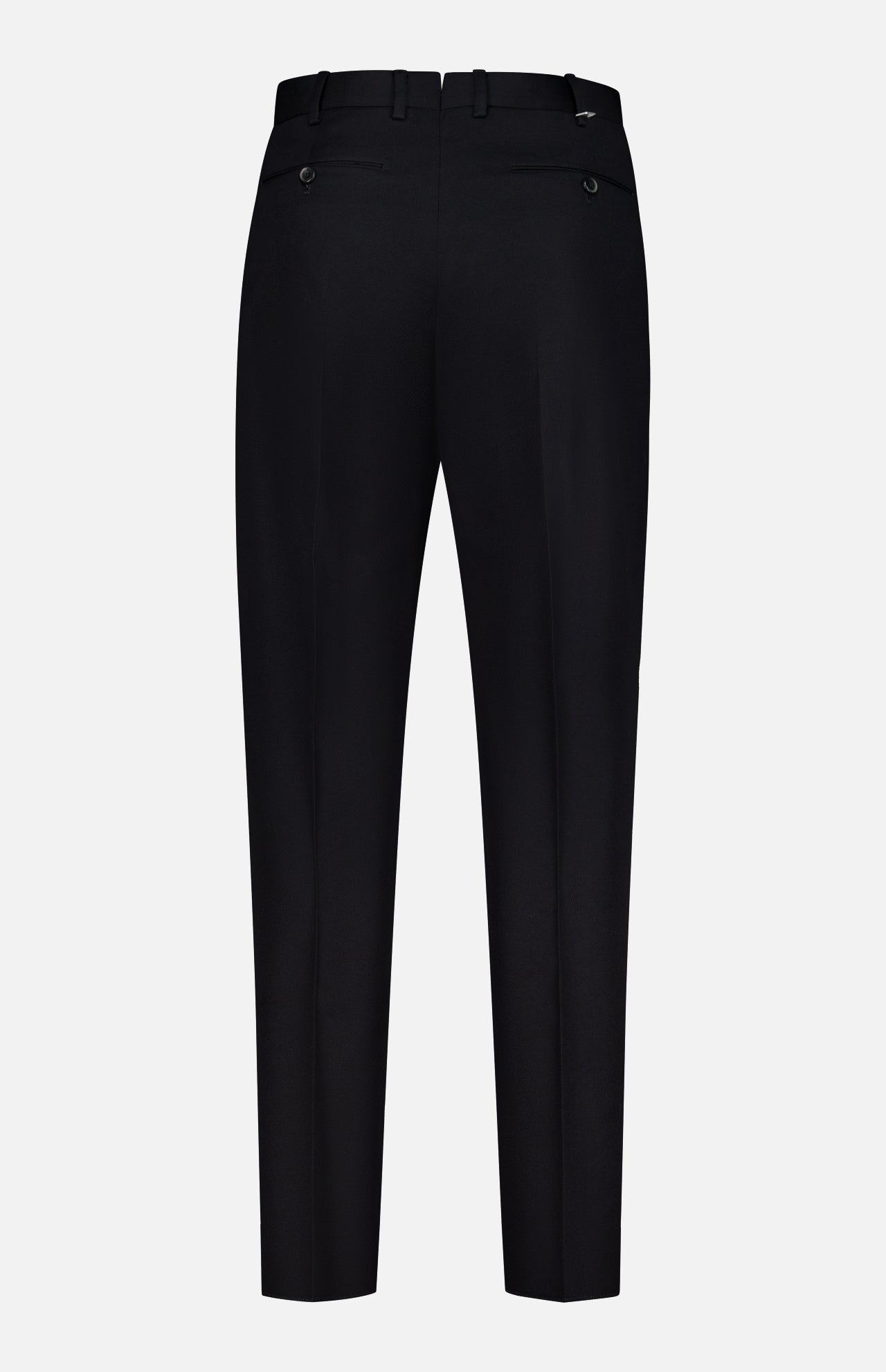 Back view of the PT TORINO Wool Cotton Soft Bull Trouser Pant in black, featuring belt loops, two buttoned back pockets, and tailored seams—displayed against a plain white background for a polished professional look.