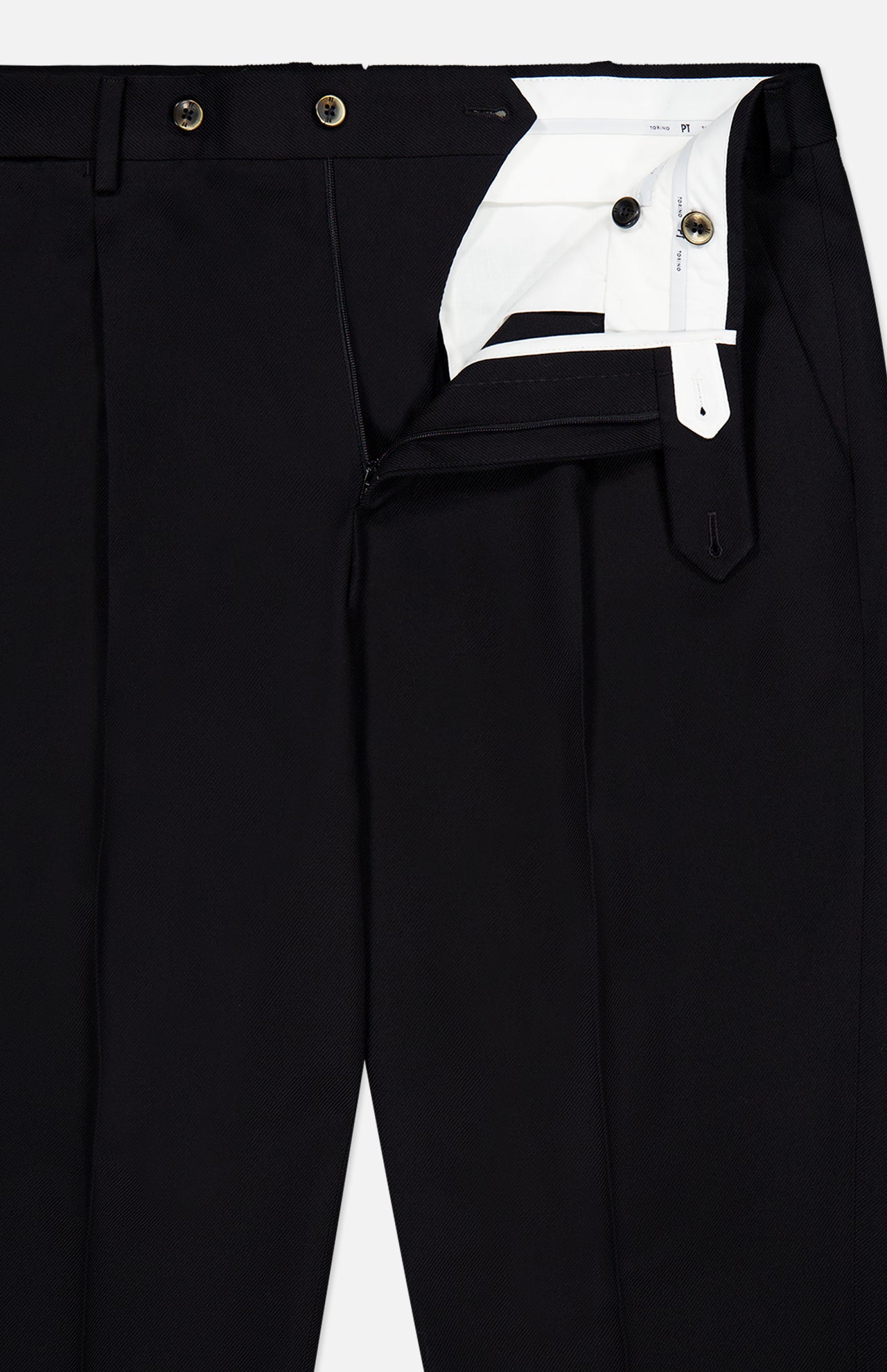 PT TORINO’s Wool Cotton Soft Bull Trouser Pant in black is showcased with the waistband and zipper partially open, revealing a white inner lining and button closures. Neatly laid flat on a white background, these tailored trousers are ideal for professional attire.