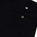 Close-up of the Wool Cotton Soft Bull Trouser Pant by PT TORINO in black, highlighting the tailored waistband with belt loops and a single buttoned back pocket. The smooth, refined wool-cotton blend fabric makes these pants an excellent option for professional attire.