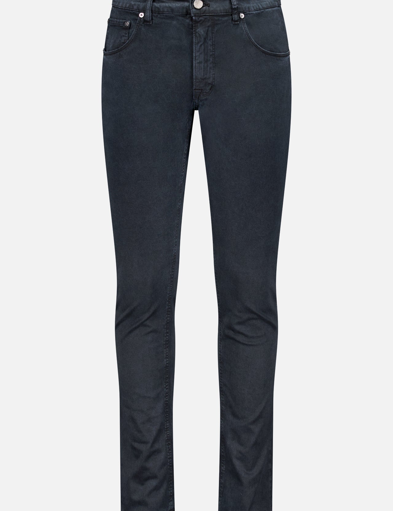 The PT TORINO Old Effect Stretch Twill 5 Pockets Pant features a slim fit in dark blue with front and back pockets, belt loops, and button-zip closure, crafted with Italian expertise and shown on a plain white background.