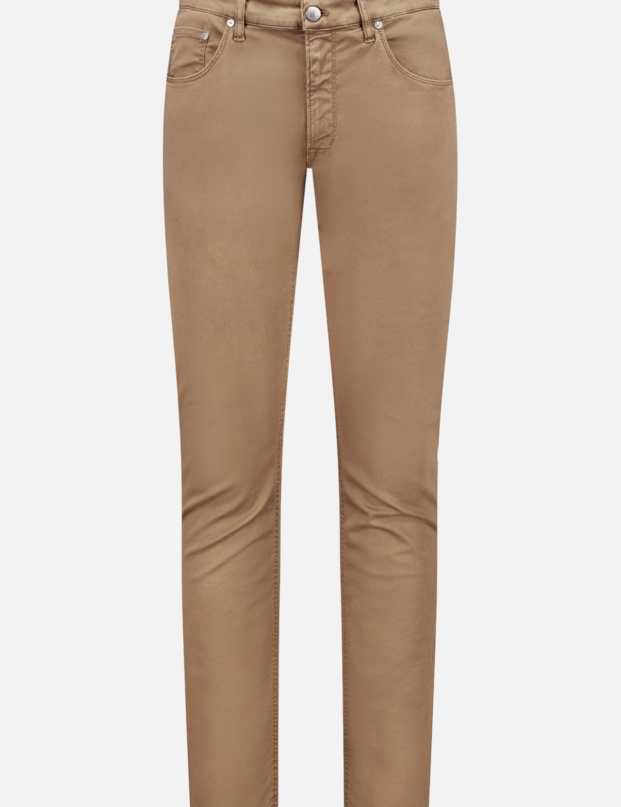 The PT TORINO Soft Stretch Gabardine Jean is a pair of slim-fit, dusty-brown jeans with front and back pockets, belt loops, button closure, and crafted from stretch denim, shown on a plain white background.