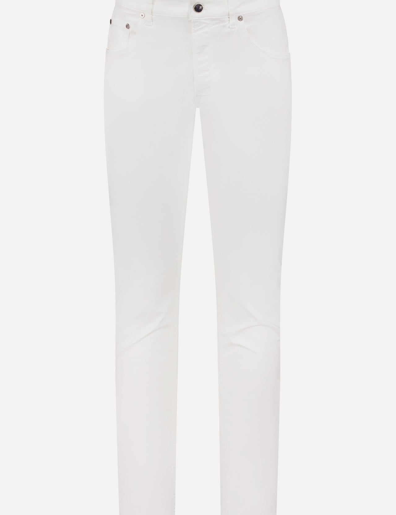 The PT TORINO Soft Stretch Gabardine Jean is a pair of slim-fit, plain white jeans made from stretch denim, featuring front and back pockets, belt loops, and a button-zipper closure, shown on a white background.