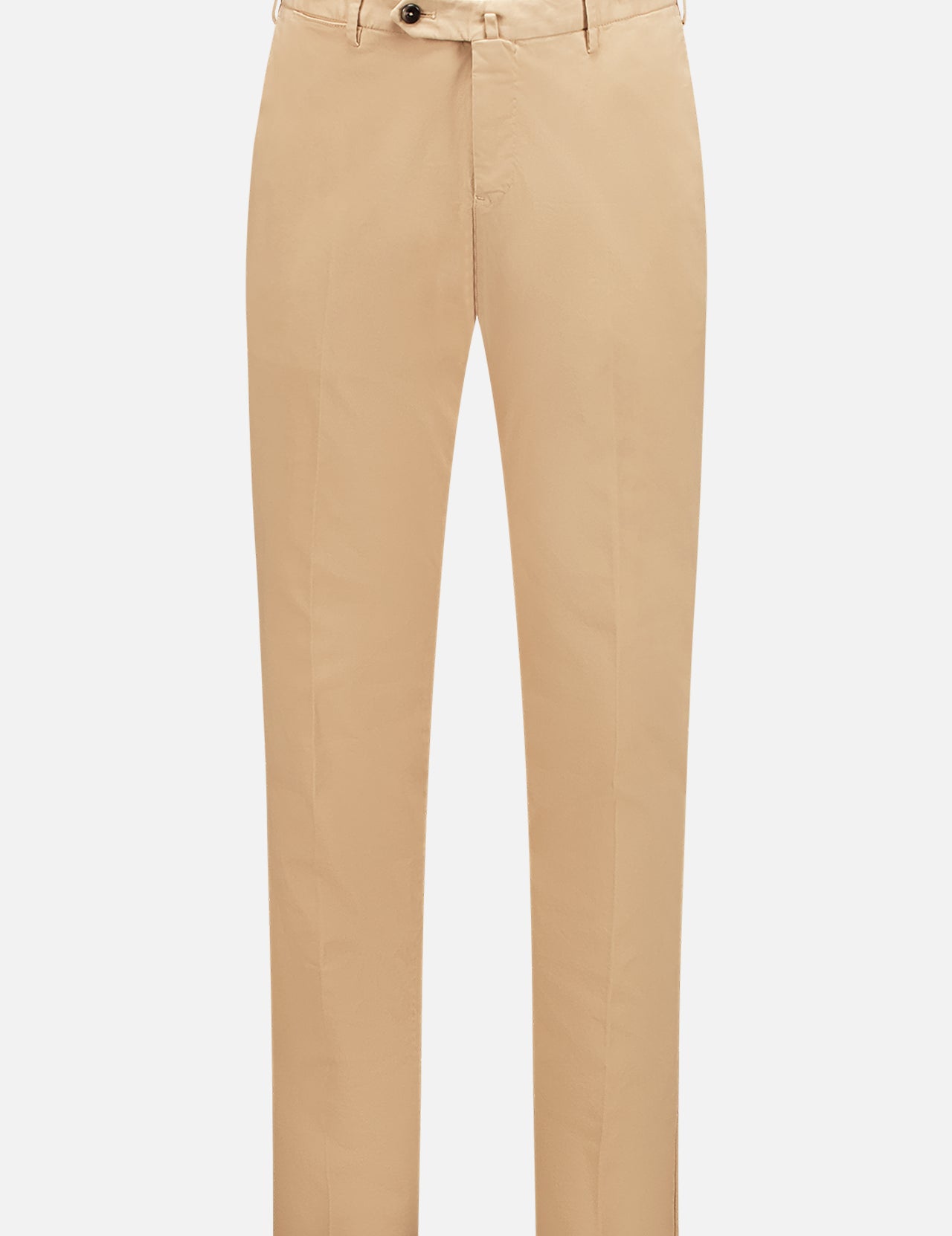 The PT TORINO Soft Stretch Satin Trouser is a tan pair with belt loops, a button closure, and straight legs featuring stretch technology, shown against a white background.