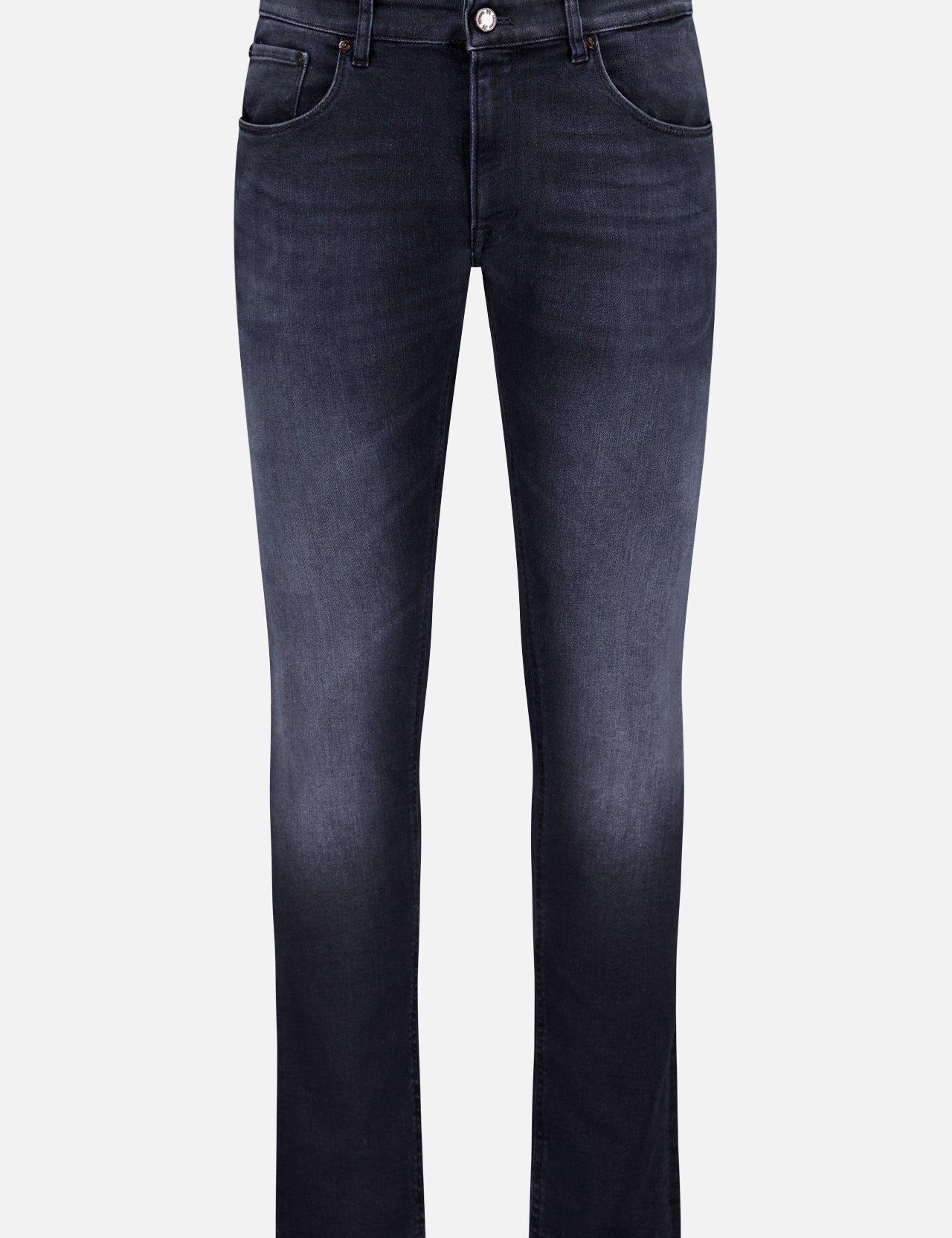 The PT TORINO Soft Touch Stretch Jazz Jeans feature a slim fit, five-pocket design, and button-zip closure in dark wash Italian denim, shown against a plain white background.