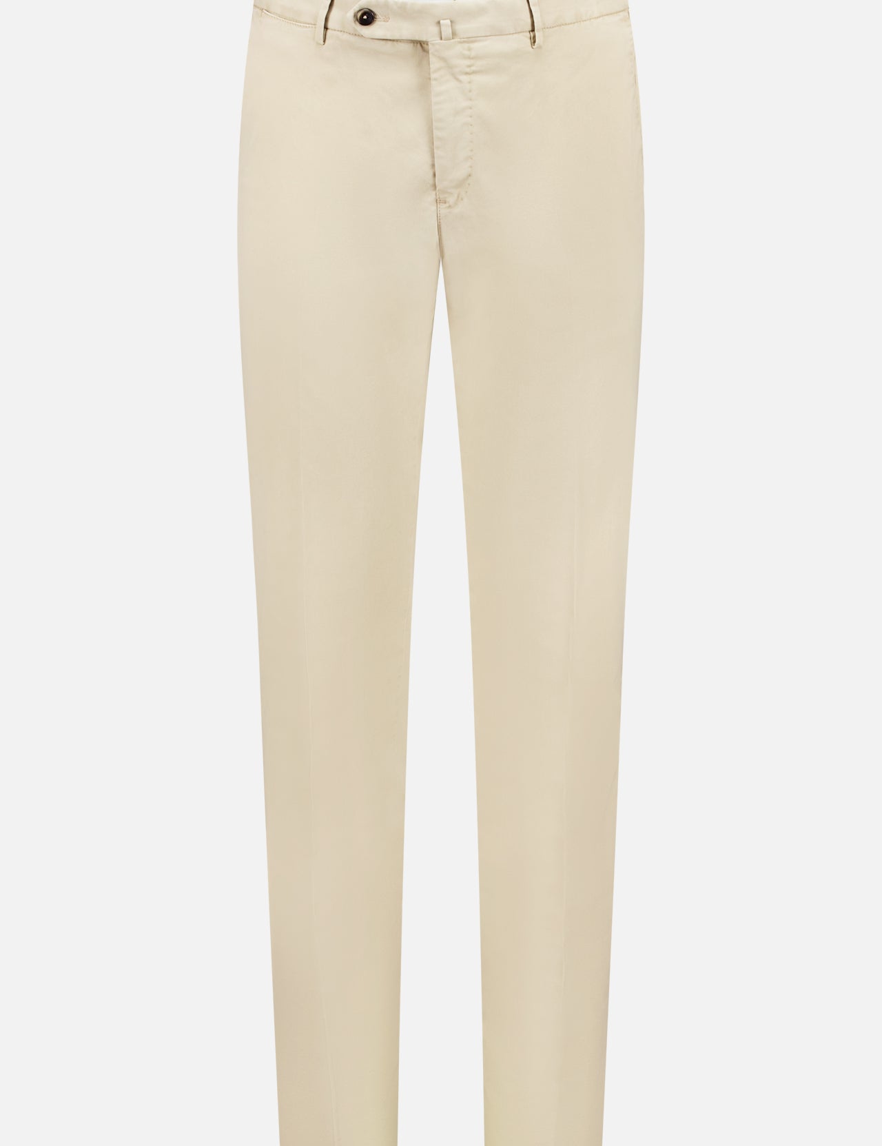 The PT TORINO Stretch Cavallery Slim Flat Front Pant features a beige slim fit, straight-leg design with stretch fabric, belt loops, side pockets, and a front zipper with button closure, displayed on a plain white background.