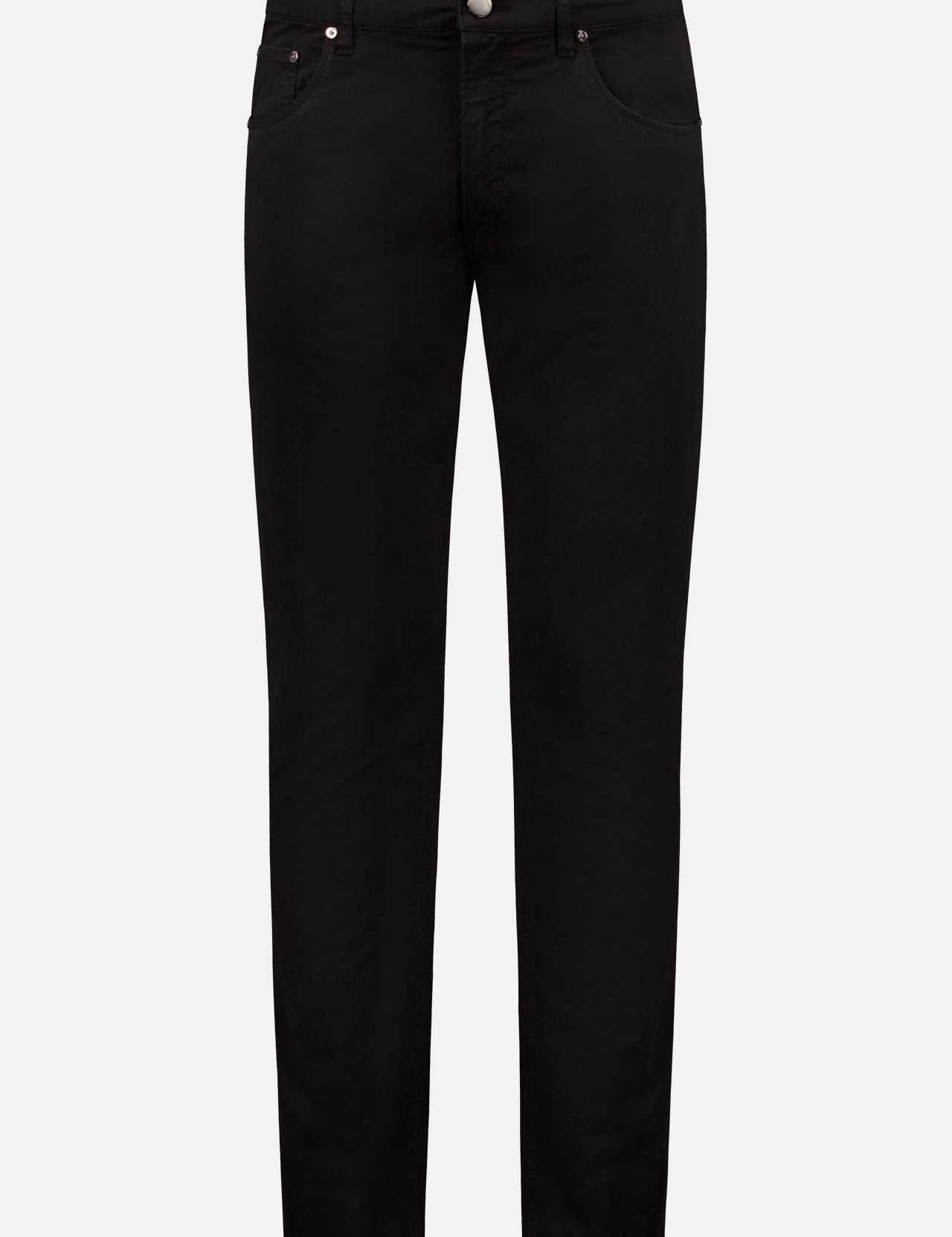 The PT TORINO Stretch Gabardine Jazz jeans feature a black straight-leg silhouette, stretch fit, classic 5-pocket design, and button-zip closure, shown on a plain white background.