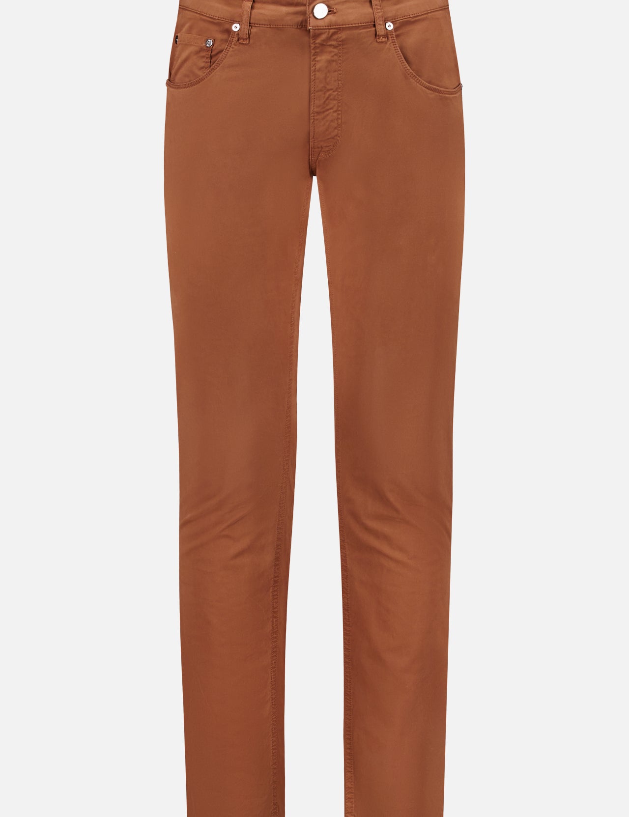 PT TORINO Stretch Gabardine Jazz jeans in chocolate brown feature a straight-leg cut, classic 5-pocket design, and button-zip closure, shown on a white background.