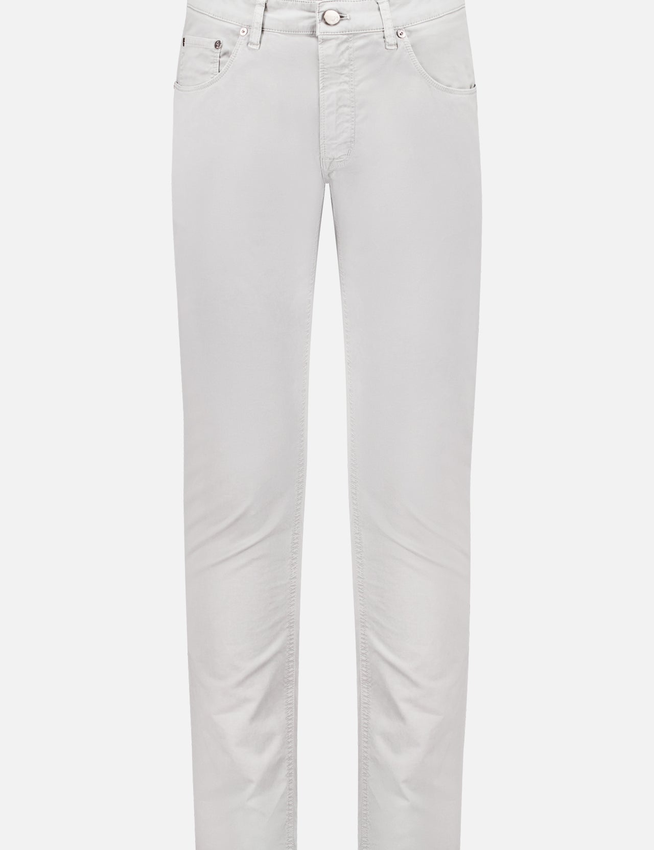 A pair of PT TORINO Stretch Gabardine Jazz jeans in light grey with straight legs, classic 5-pocket design, and button-zip closure, shown against a white background.