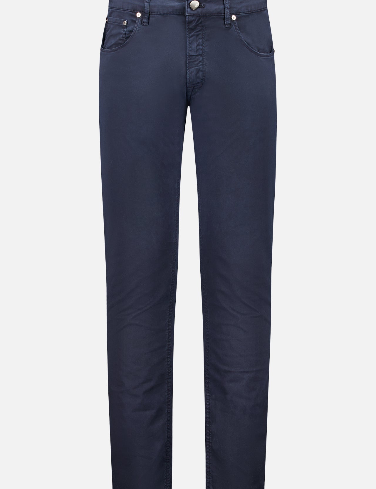 PT TORINO Stretch Gabardine Jazz jeans in navy feature a slim-fit, classic 5-pocket design, metal button and zipper closure, shown against a plain white background.