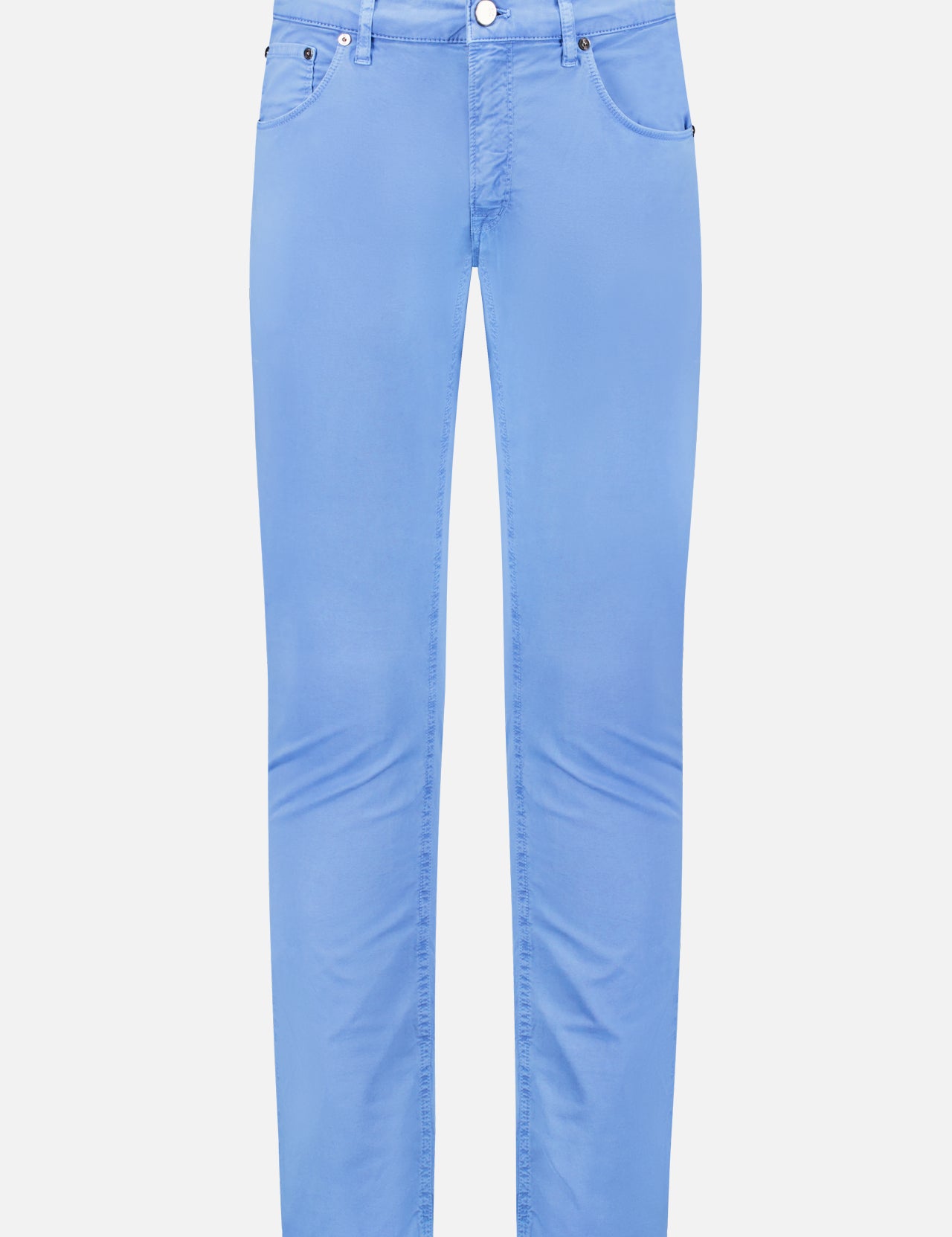 The PT TORINO Stretch Gabardine Jean in light blue features a slim fit, 5-pocket design, belt loops, button closure, and comfortable flexibility. Shown in front view on a white background.