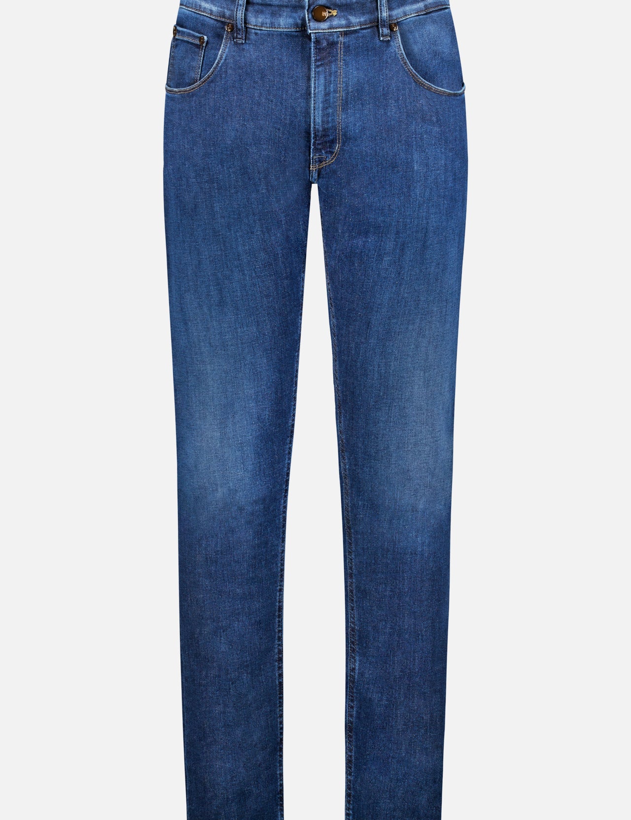 The PT TORINO Stretch Indigo Batavia Jean features ultra-dark denim, a classic 5-pocket style, straight legs, and a button-and-zipper closure, shown against a plain white background.