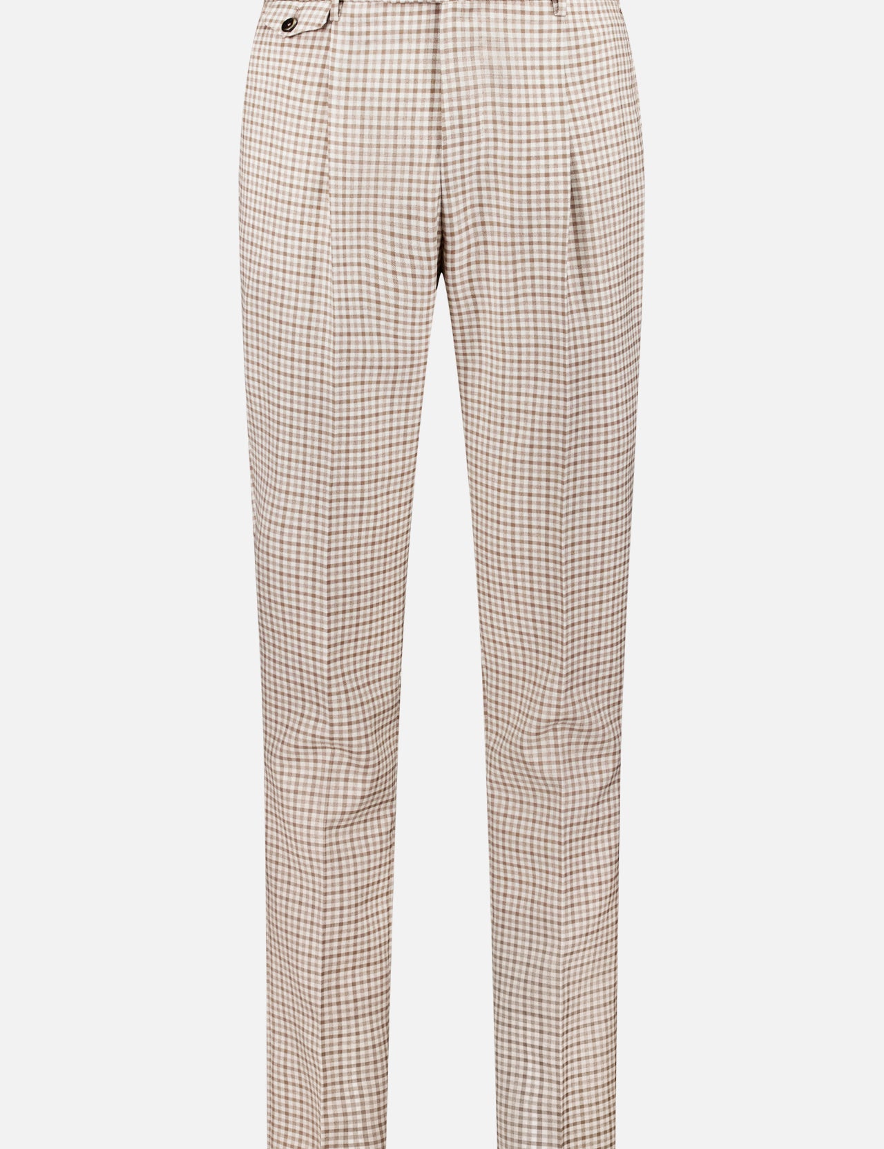 PT TORINO Super 100's Fancy Wool Check Trouser Pants—beige and brown check pattern, tailored gentleman’s fit, front pleats, and button waistband closure.