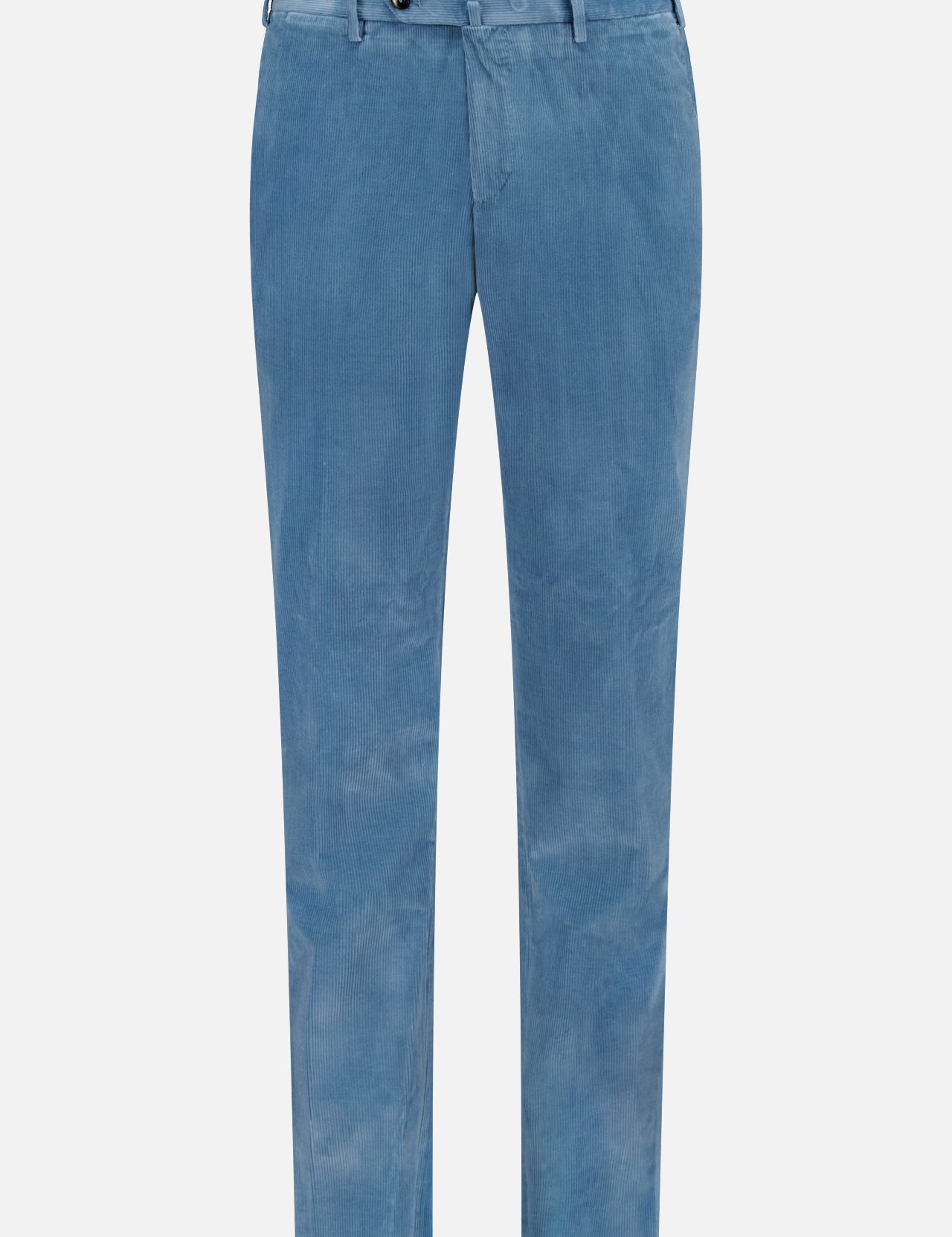 The PT TORINO Super Soft Stretch Corduroy Trouser, in blue, features a slim fit, Italian craftsmanship, belt loops, button and zip closure, and two side pockets. Shown against a white background.
