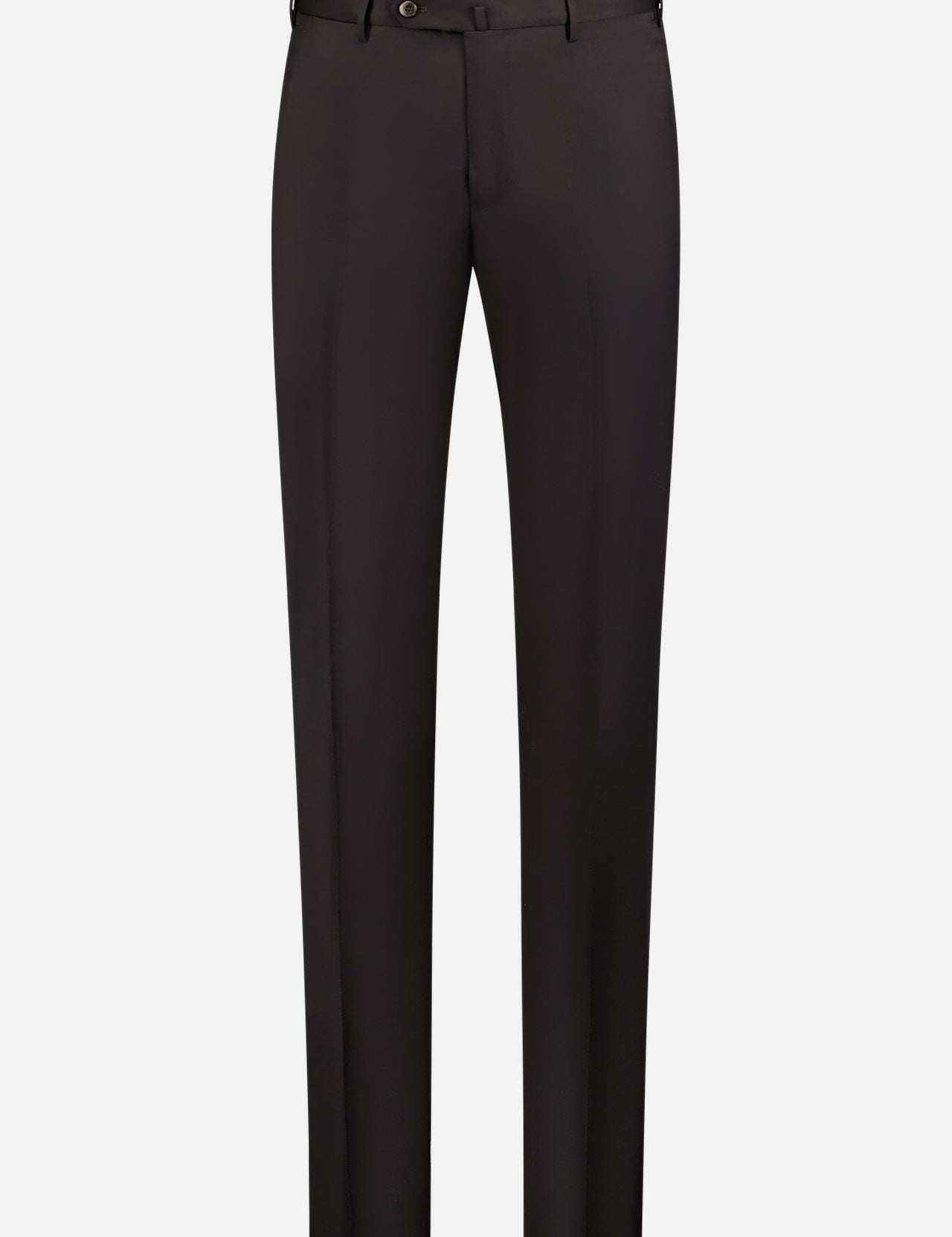 The PT TORINO SuperFine 120's Natural Stretch Wool Twill Trouser, a black slim-fit pant with front button, zip closure, and side pockets—ideal for office wear—is displayed against a plain white background.