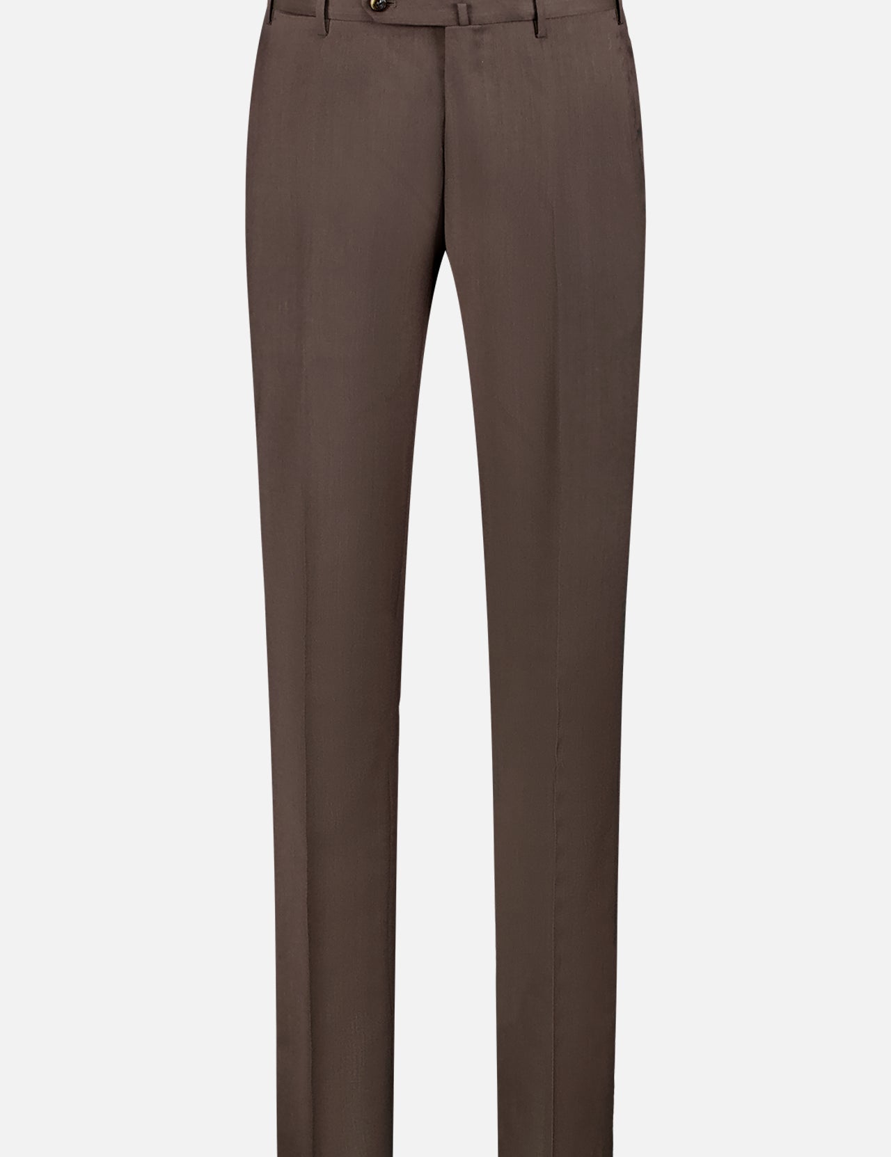 The PT TORINO SuperFine 120'S Natural Stretch Wool Twill Trouser features a brown slim-fit, straight-leg design with belt loops, front button, and zipper fly, shown against a plain white background.