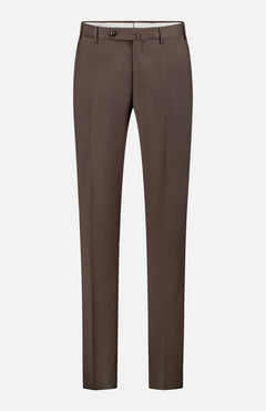 The PT TORINO SuperFine 120'S Natural Stretch Wool Twill Trouser features a brown slim-fit, straight-leg design with belt loops, front button, and zipper fly, shown against a plain white background.