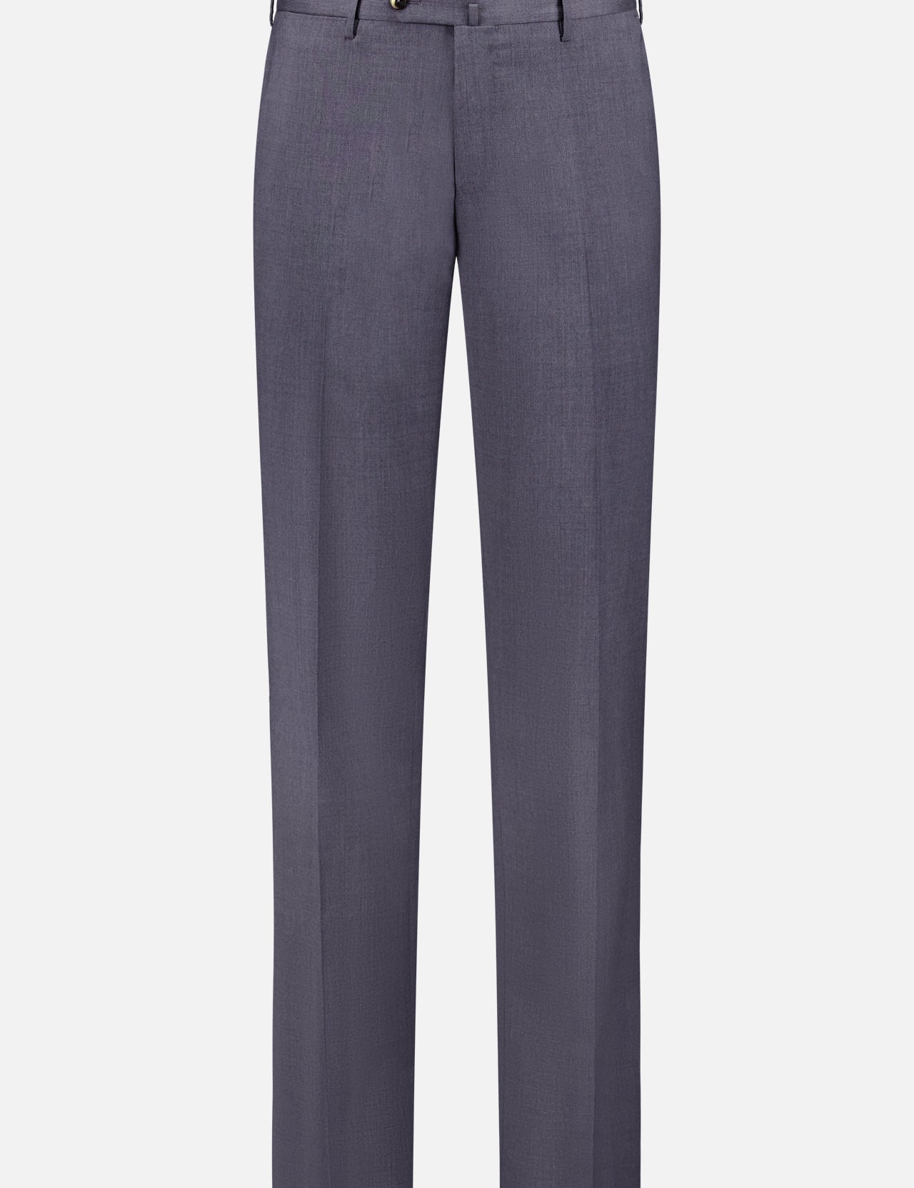 The PT TORINO SuperFine 120'S Natural Stretch Wool Twill Trouser features a tailored, slim-fit, straight-leg silhouette in light gray with a button and zip fly, belt loops, and side pockets, shown against a white background.