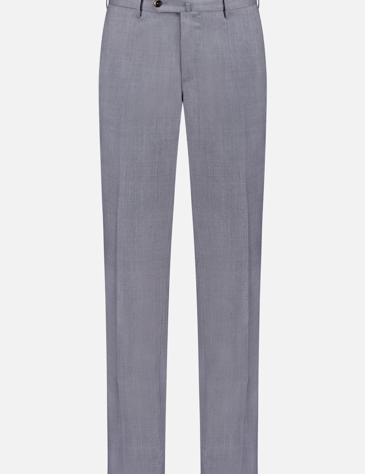 PT TORINO SuperFine 120'S Natural Stretch Wool Twill Trousers in light grey feature a slim fit, flat front, belt loops, side pockets, and a front button closure, shown on a plain white background.