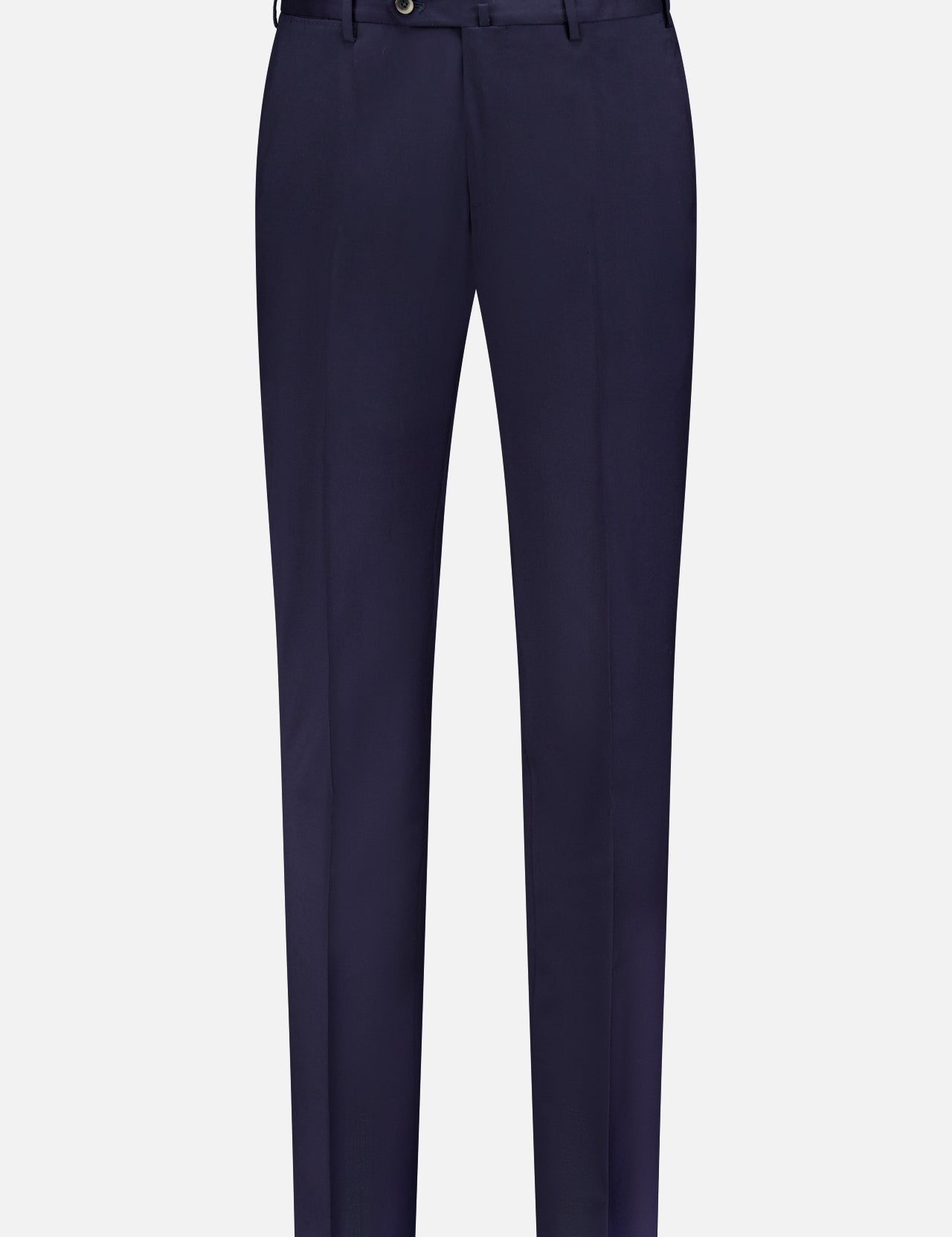 The PT TORINO SuperFine 120's Stretch Wool Twill Trouser Pant is a pair of tailored, dark navy slim-fit pants with belt loops, front button, and zip fly, showcased on a plain white background.
