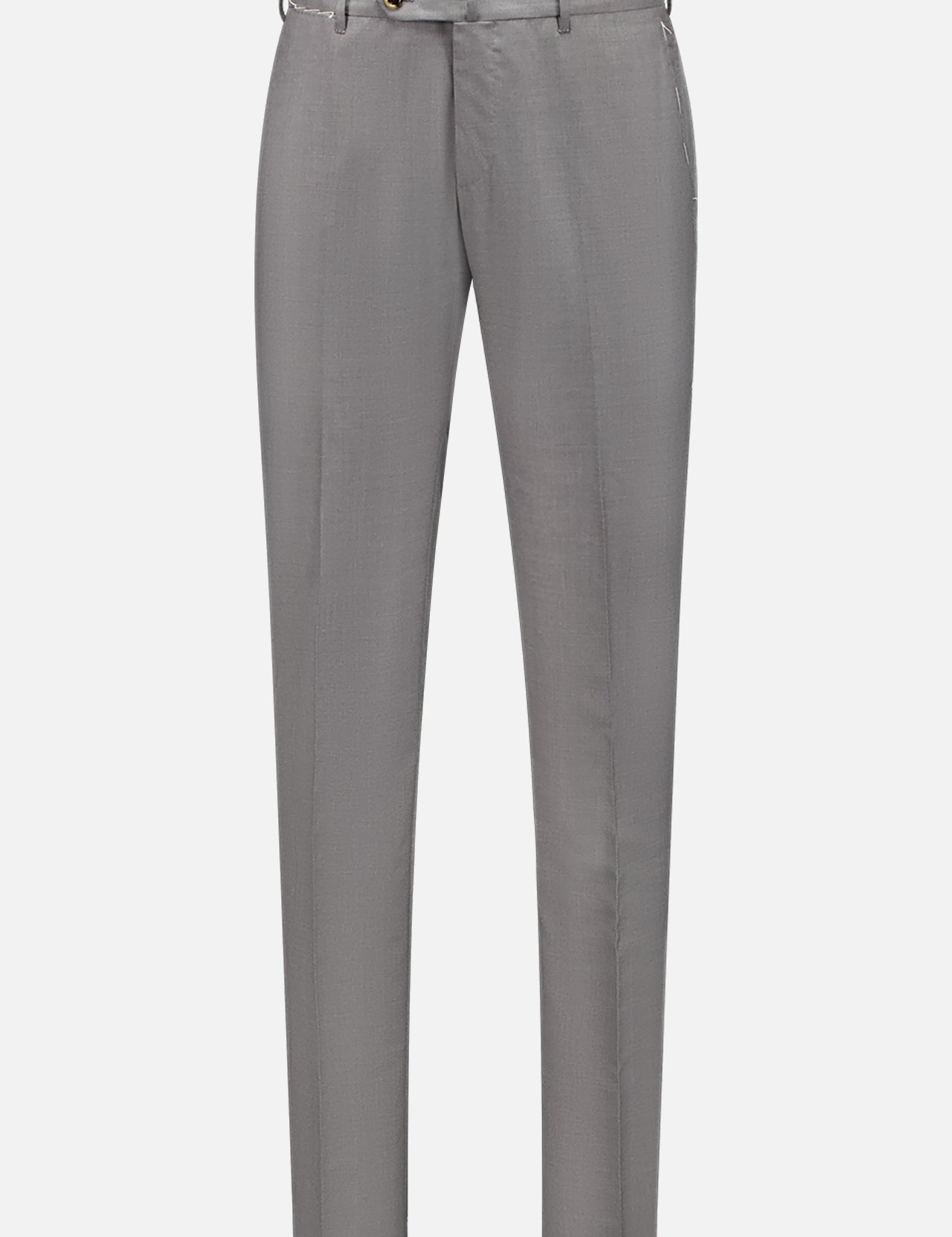 PT TORINO Trousers in light grey feature a slim fit, soft fleece wool fabric, front crease, belt loops, button and zipper closure, and straight legs, shown on a plain white background.