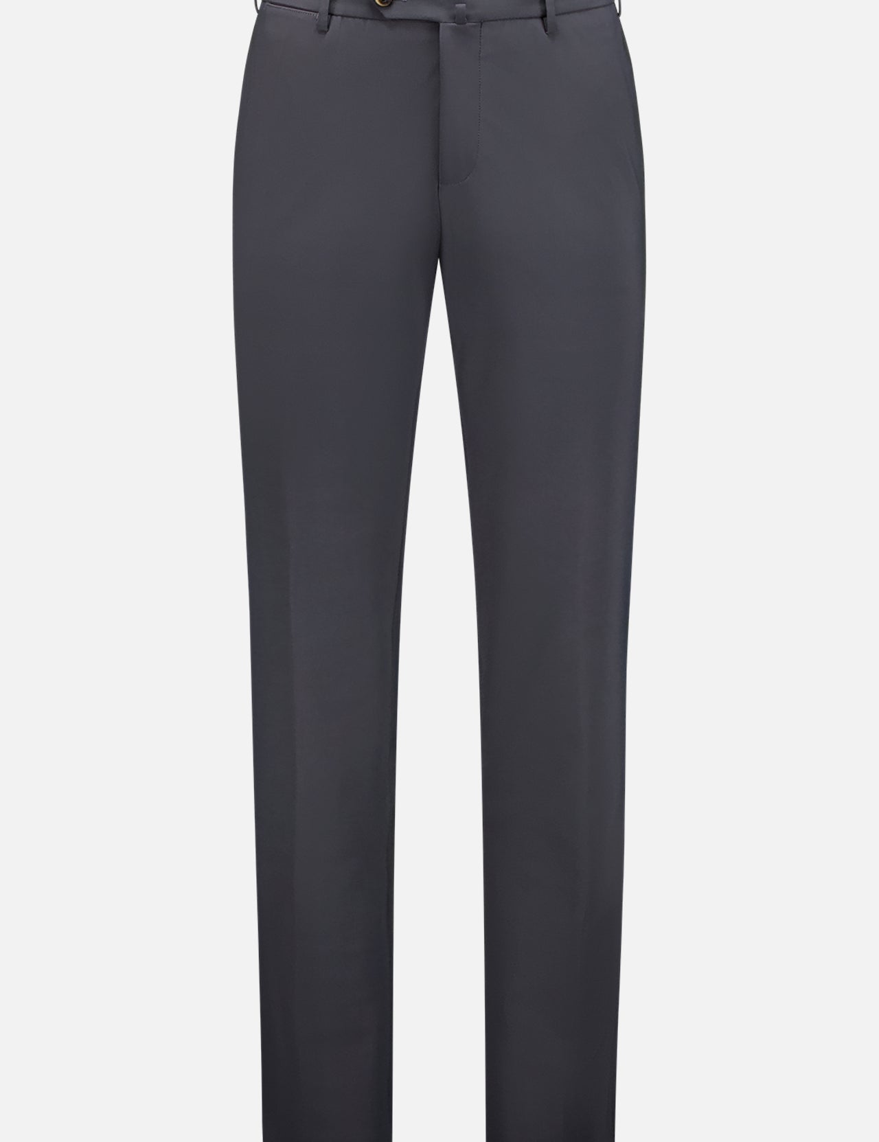 PT TORINO Trousers: straight-leg, dark grey with stretch fabric, belt loops, front button closure, and side pockets. Shown against a plain white background.
