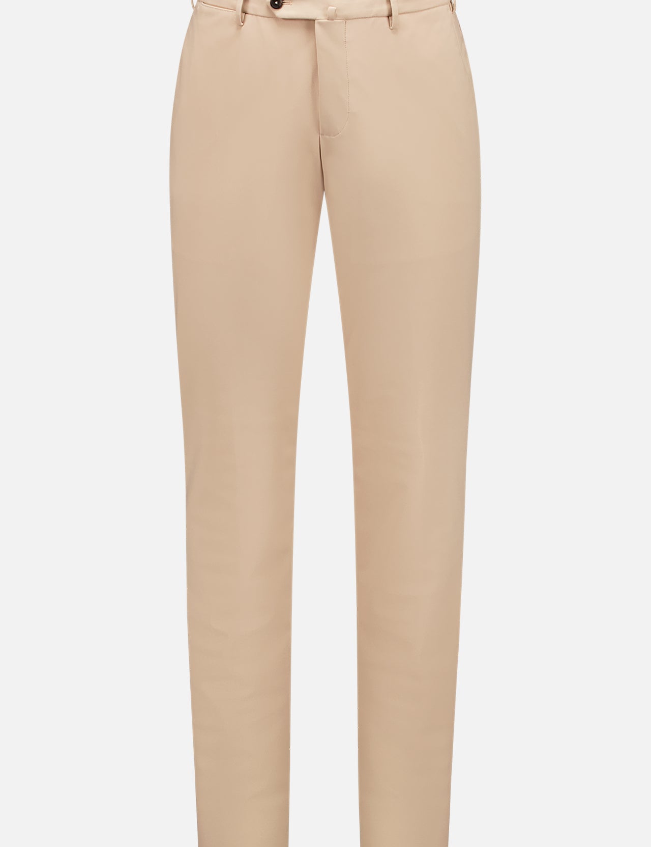 PT TORINO Trousers in beige tan with a slim fit, belt loops, front button and zipper closure, and side pockets, shown on a plain white background.