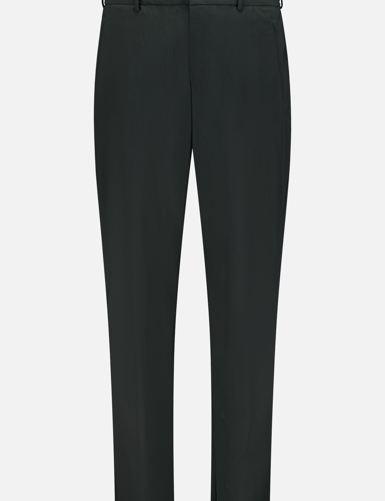 The PT TORINO Winter Kinetic Stretch Jersey Trouser Pant is a pair of neatly pressed, dark technical trousers with belt loops, button closure, and side pockets, crafted from stretchy kinetic fabric and shown on a plain white background.