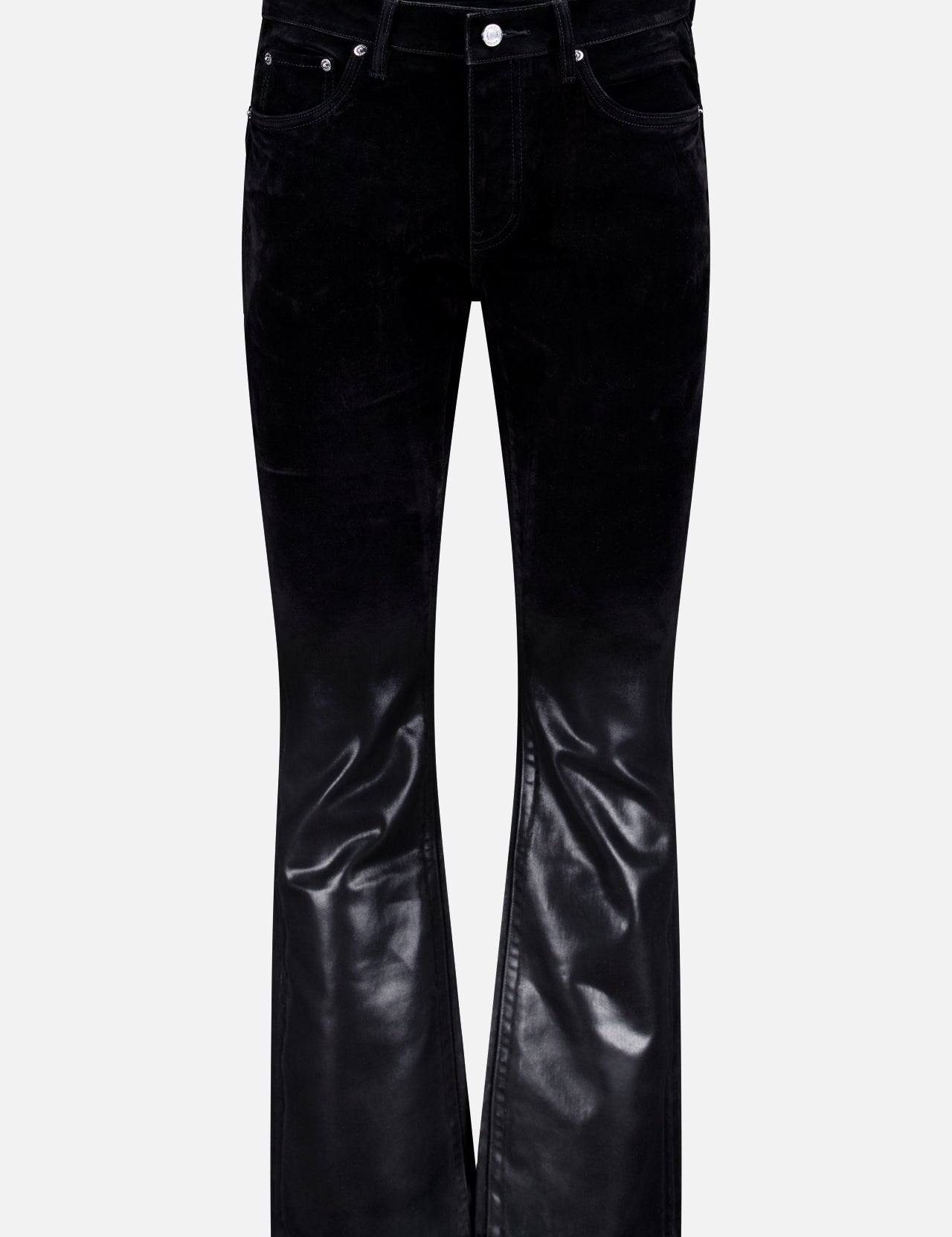 The PURPLE BRAND Flare Flock Dipped Pant combines velvet and shiny leather-like fabric in black, with front pockets, belt loops, and a button closure—ideal for elevating any women’s streetwear outfit.