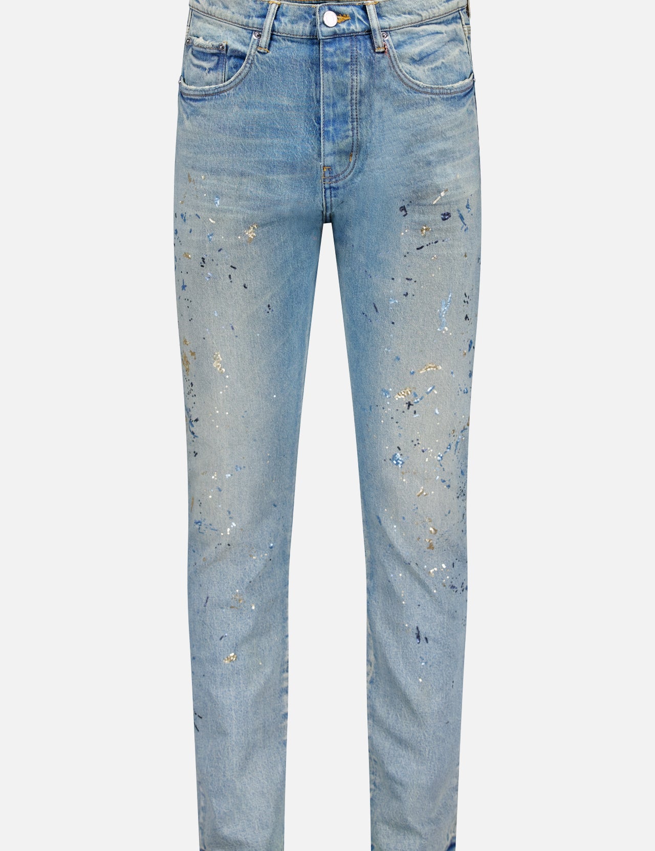 PURPLE BRAND Sequin Splatter Paint Jeans feature a slim fit, five pockets, button closure, and unique blue and beige paint details across the front.