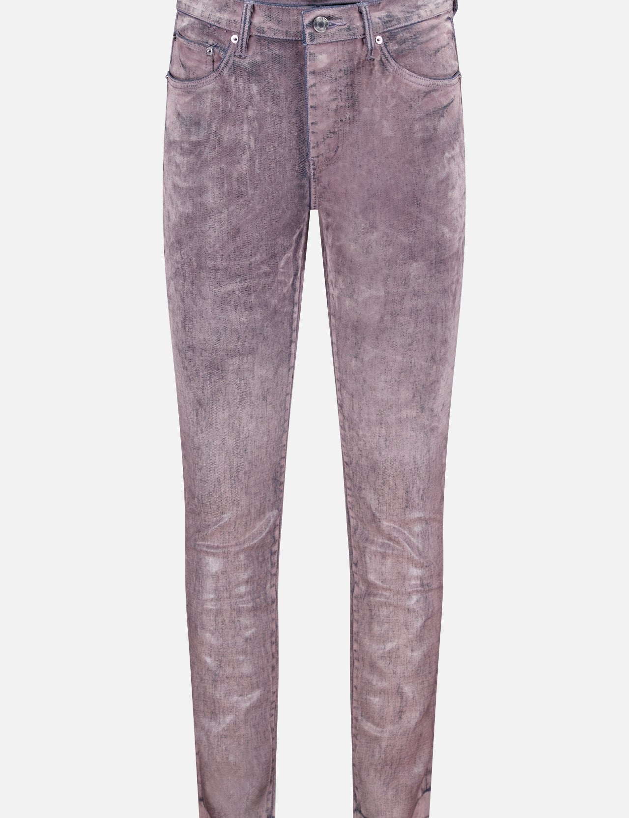The Skinny Flock Dipped Jeans by PURPLE BRAND feature a pale purple acid-wash, stretch material for comfort, five pockets, belt loops, and front button closure—delivering a stylish streetwear vibe. Shown on a white background.