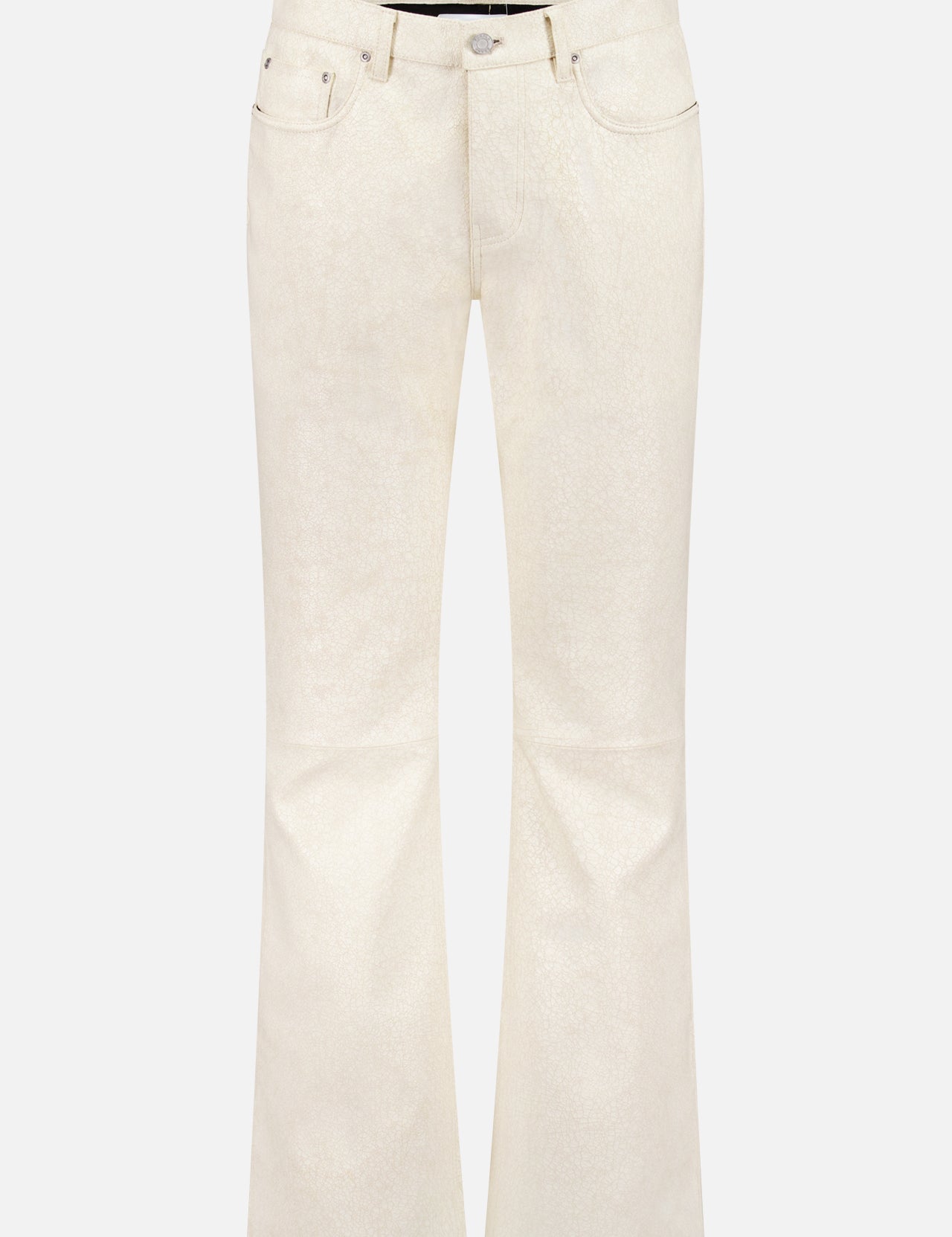 The PURPLE BRAND Stretch Leather Flare Pant features an off-white, high-waisted bootcut silhouette with front and back pockets, belt loops, and button-zip closure, offering a vintage-inspired look. Shown against a plain white background.