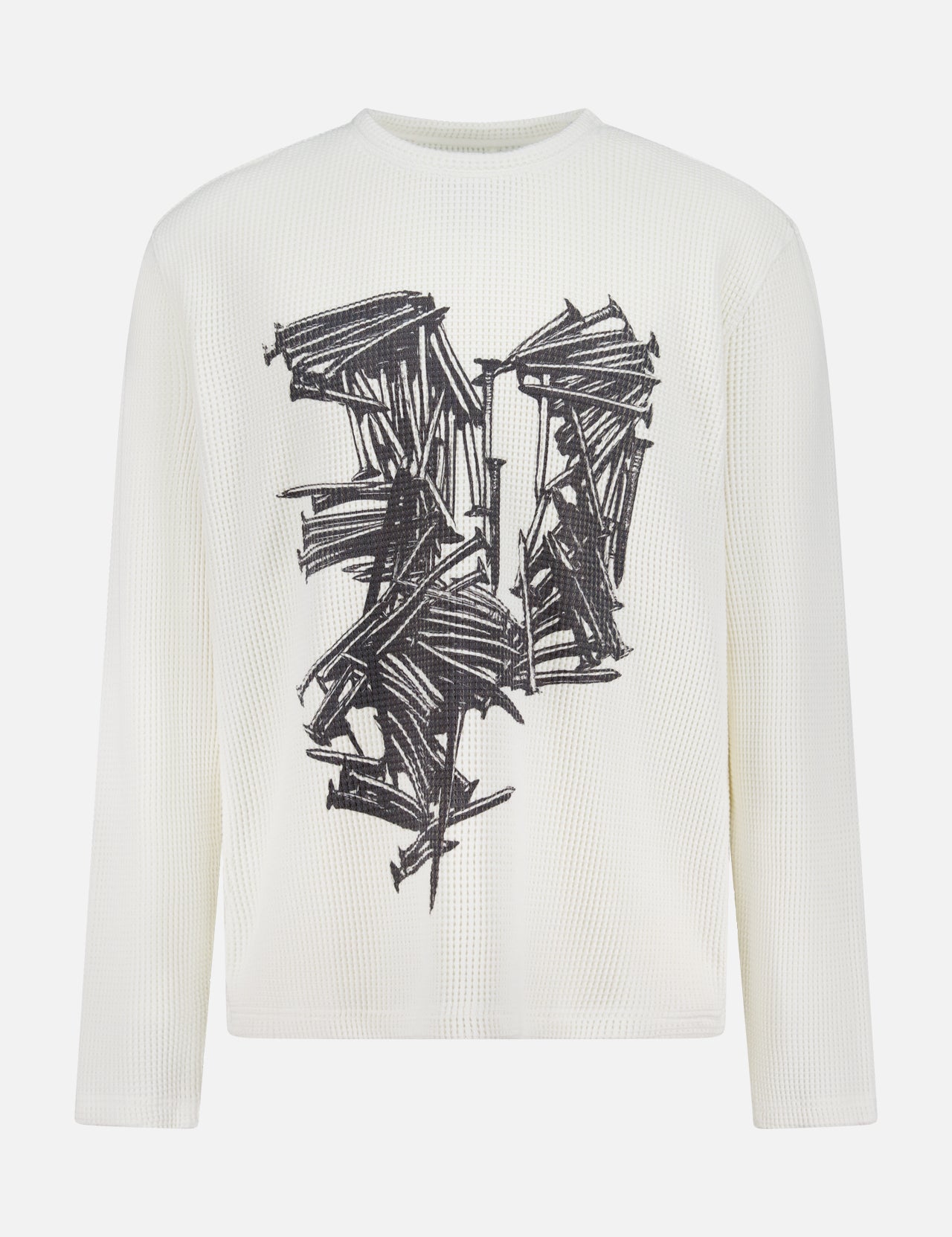 The PURPLE BRAND Waffle Long Sleeve T-shirt features a white waffle knit, bold black abstract front detail, and long sleeves—ideal for adding an edgy vibe to your streetwear look.