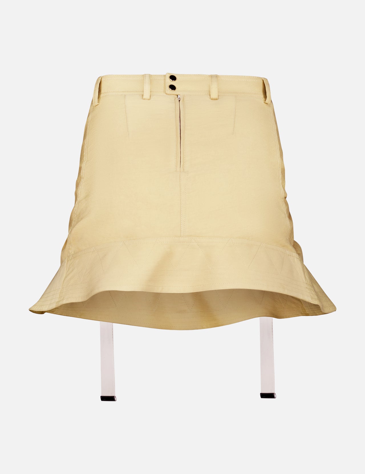 The RABANNE Jupe Ruched Mini Skirt in beige features belt loops, front buttons, a zipper, utilitarian accents, and a flared ruffle hem. Displayed against a white background.