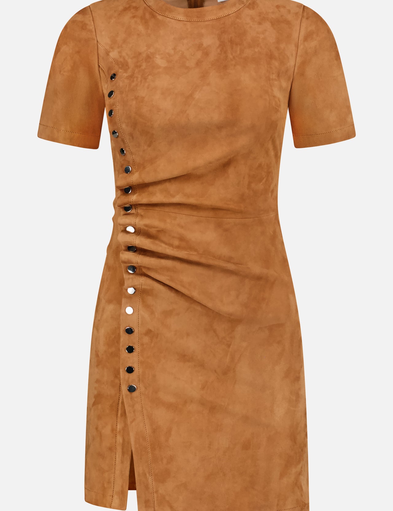 The RABANNE Lamb Skin Midi Dress is a tan short-sleeve dress in lambskin featuring a round neckline, fitted shape, side ruching, and metallic buttons in a diagonal row down the left side.