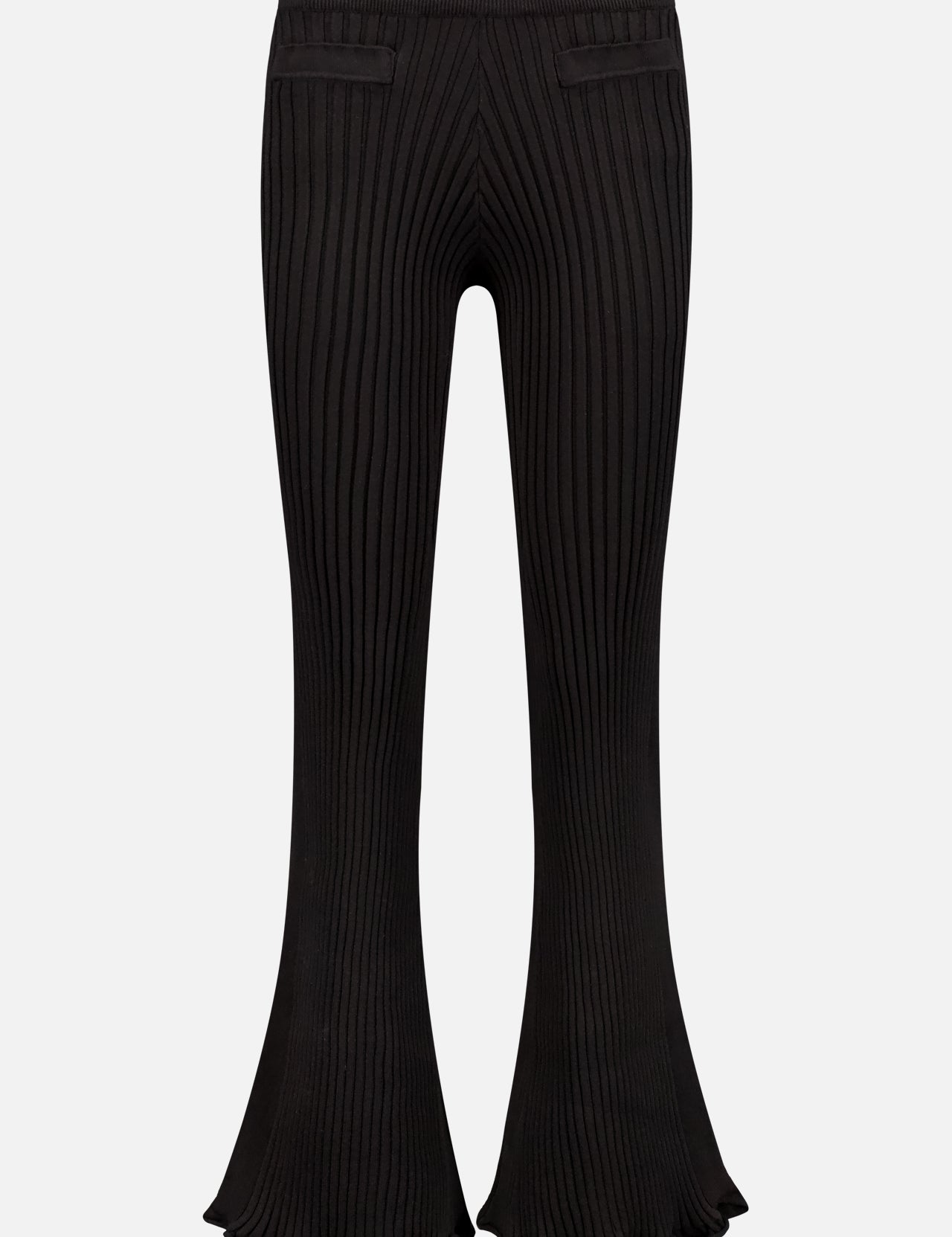 The RABANNE Ribbed Lettuce Hem Pant features a high waist, flared legs, lettuce ruffle hems, vertical ribbed texture, and faux back pockets—delivering statement Parisian style in black.