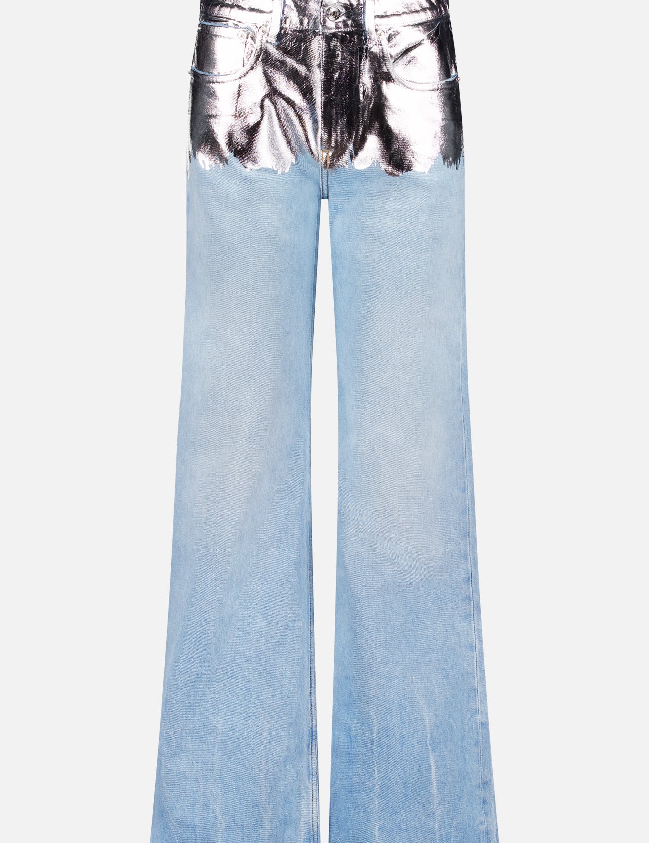 The RABANNE Silver Dipped Pantalon are high-waisted, light blue wide-leg jeans featuring a bold metallic-coated waistband and upper front for a striking two-tone effect.