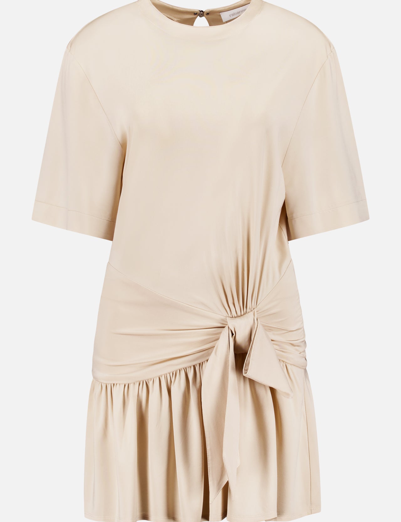The Open Back Bow Detail Mini Dress by RABANNE is a beige satin viscose jersey mini with short sleeves, round neckline, open back, gathered waist featuring a knot and bow, and a ruffled hem.