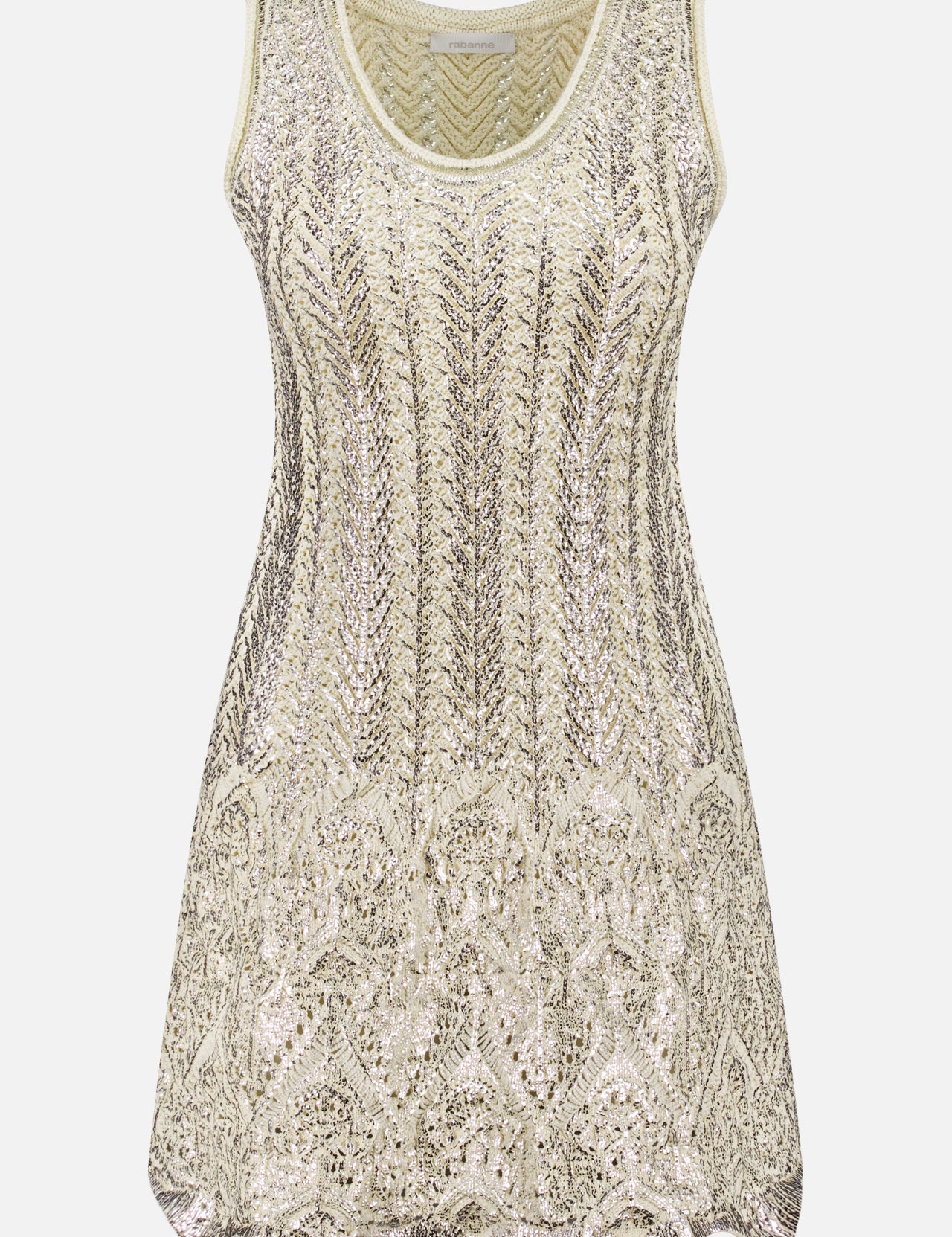 The RABANNE Sleeveless Silver Coat Dress features a scoop neckline, gold sequin pattern, and intricate embroidery. Its scalloped hem exudes Parisian elegance. Displayed on a white background.
