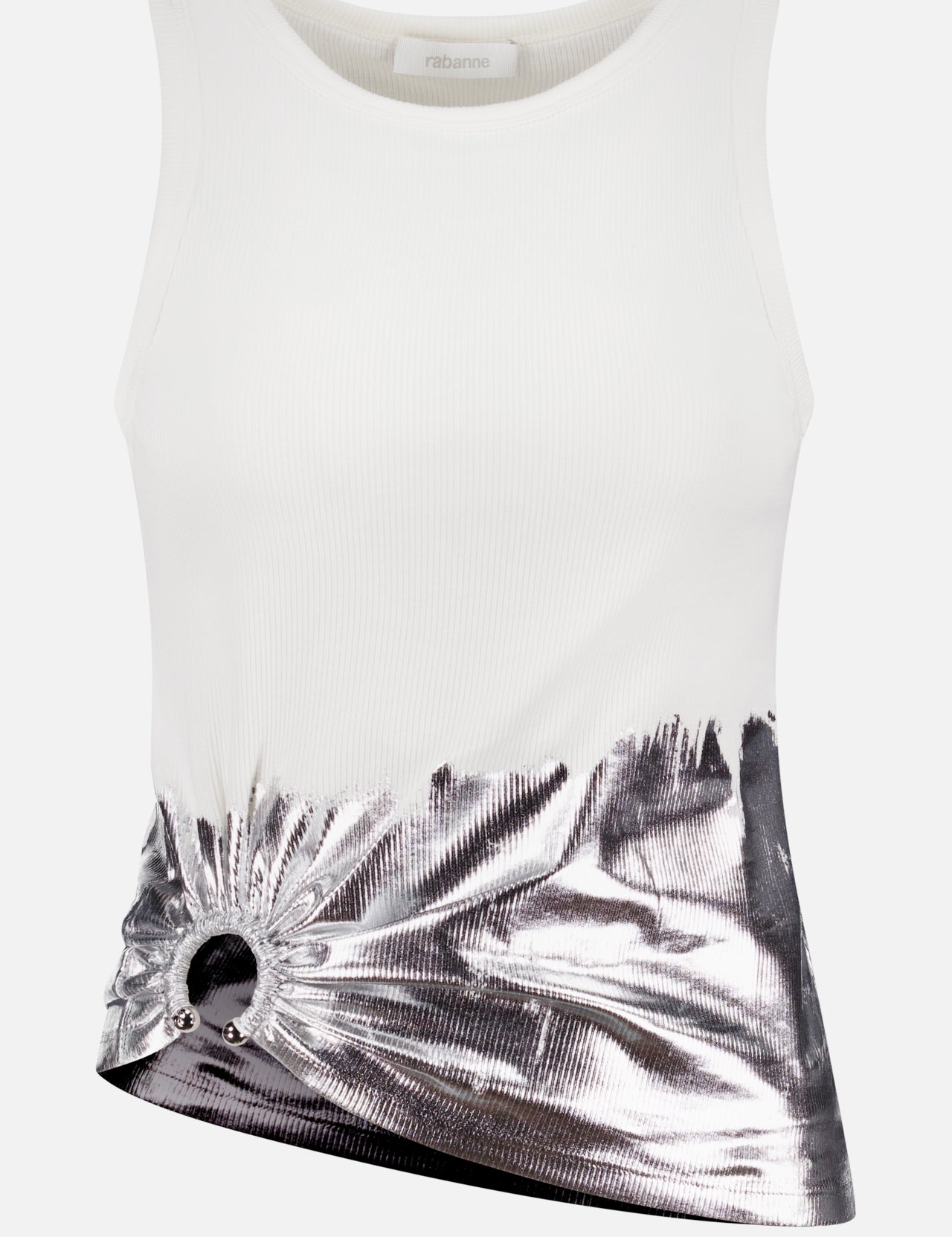The RABANNE Sleeveless Silver Dipped Tee Shirt is a white ribbed designer top with a silver foil accent, ruched detailing, and a small round ring at the hem for an asymmetrical, waist-piercing inspired look.