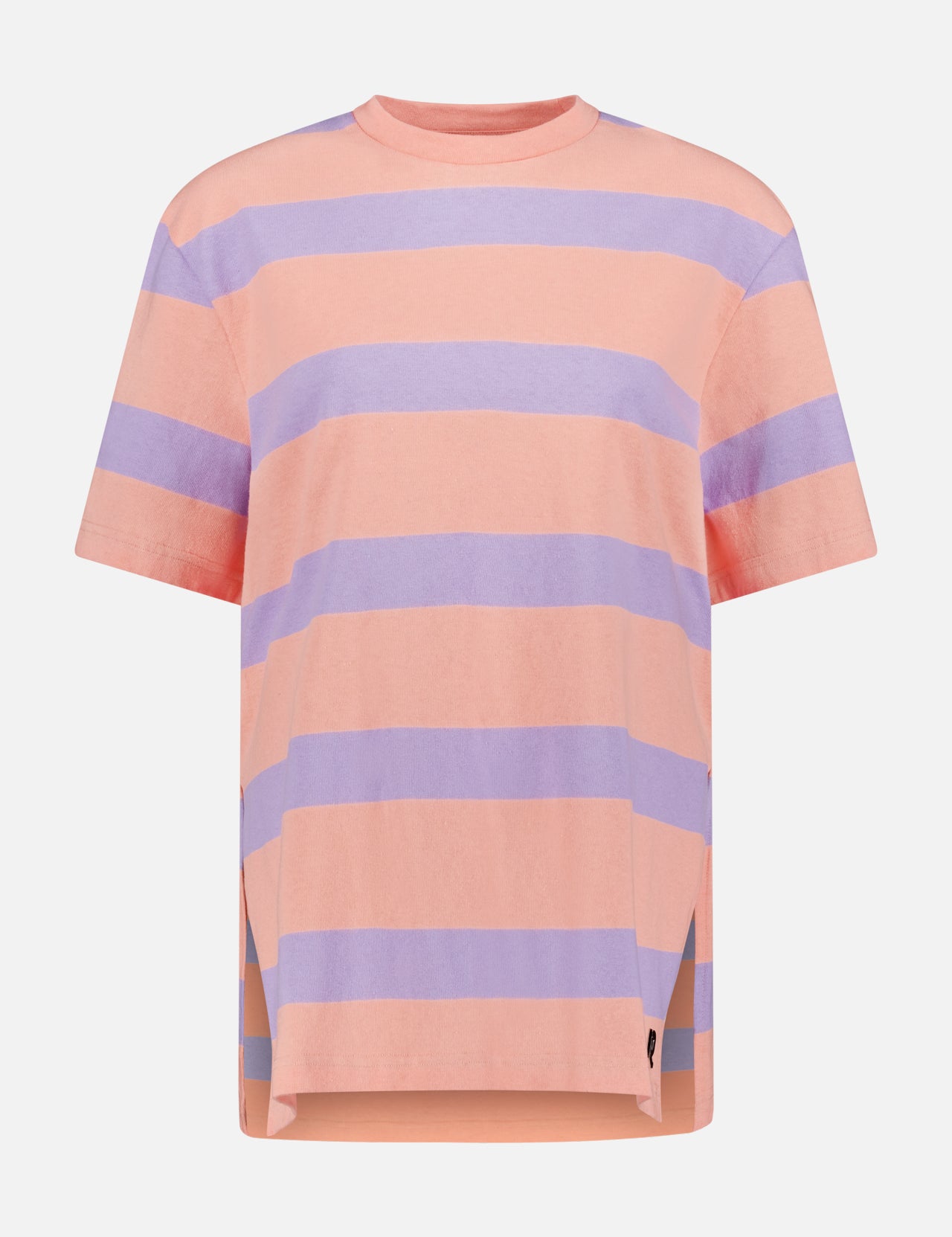 The RABANNE Stripe Tee Shirt features wide peach and lavender stripes, a relaxed fit with side slits, a crew neck, and channels effortless Parisian style.