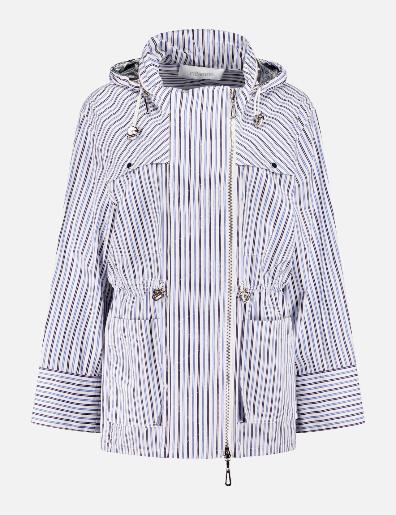 The Striped Silver Detail Parka by RABANNE features blue and white stripes, a front zipper, adjustable waist and hood drawstrings, long sleeves with striped cuffs, and a concealed hood for versatility.