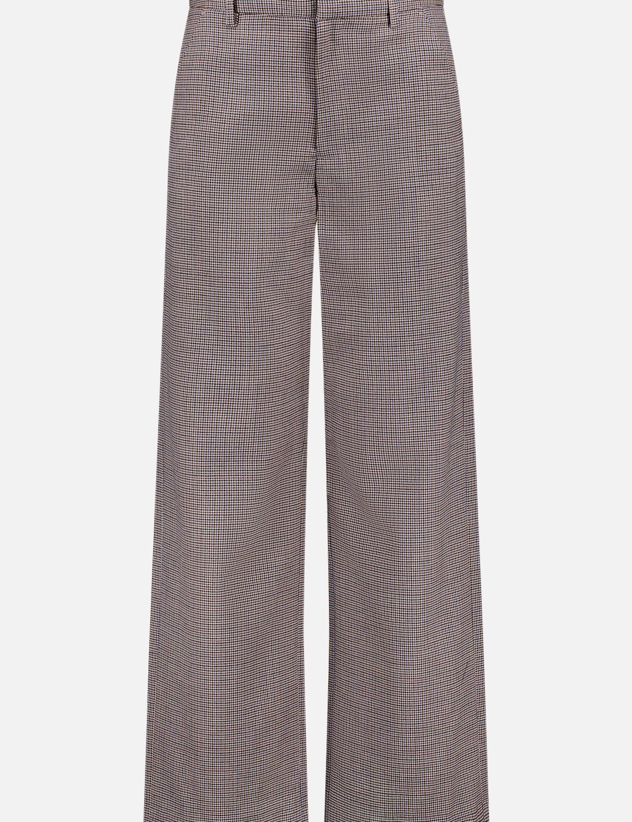 The Andi Full Length Trouser by RAG & BONE features a high waist, wide legs, and a small black and white micro-houndstooth pattern with belt loops and a front fly closure, shown against a white background.