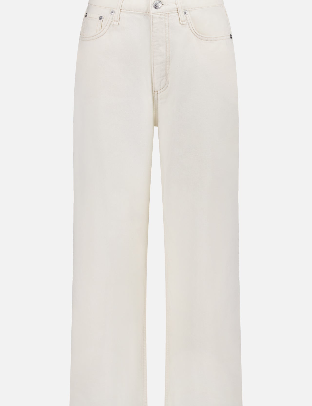 The RAG & BONE Andi High-Rise Wide Leg Jeans feature an off-white wash, cropped wide-leg silhouette, front and back pockets, belt loops, and a silver button, displayed against a plain white background.