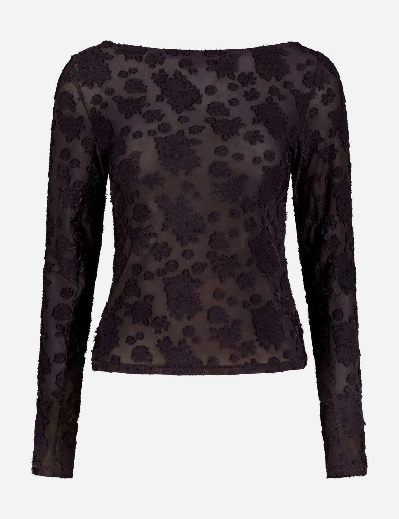 The RAG & BONE Angel Long Sleeve Textured Top is a semi-sheer black blouse featuring long sleeves, a boat neckline, and an intricate all-over floral lace pattern.