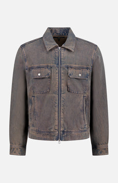 Front view of the RAG & BONE Denim Beau Trucker Jacket in faded brown, featuring a zip-up front, two chest flap pockets with buttons, and long sleeves, displayed on a plain white background.